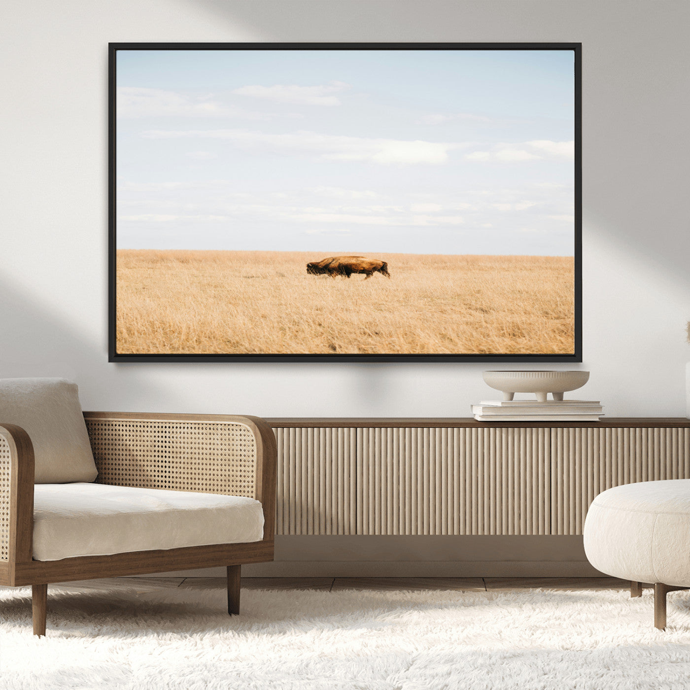 MGV-FC-36X24 - Minimalist Nature Wall Art Canvas Print, Framed Bison In Grassland Art Picture Print, Open Field Perfect Modern Ranch Decor Decor Artwork