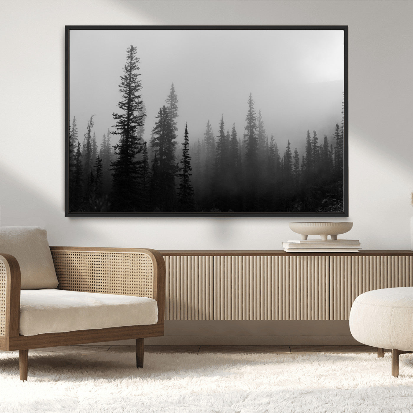 MGV-FC-36X24 - Misty Pines Wall Art Canvas Print, Framed Woodland Photography Art Picture Print, Minimalist Decor Perfect Rustic Decor Artwork