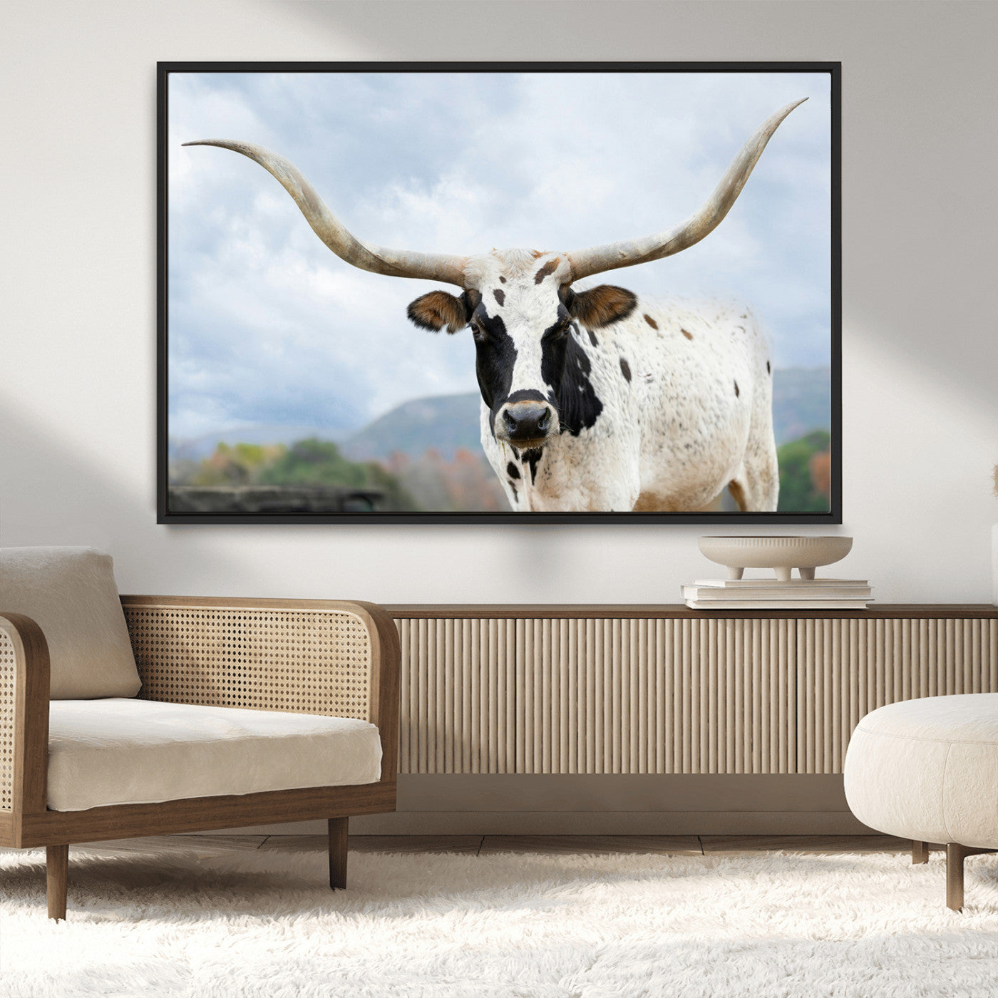 MGV-FC-36X24 - Texas Longhorn Wall Art Canvas Print, Framed Western Rustic Art Picture Print, Farmhouse Decor Perfect Farmhouse Decor Artwork