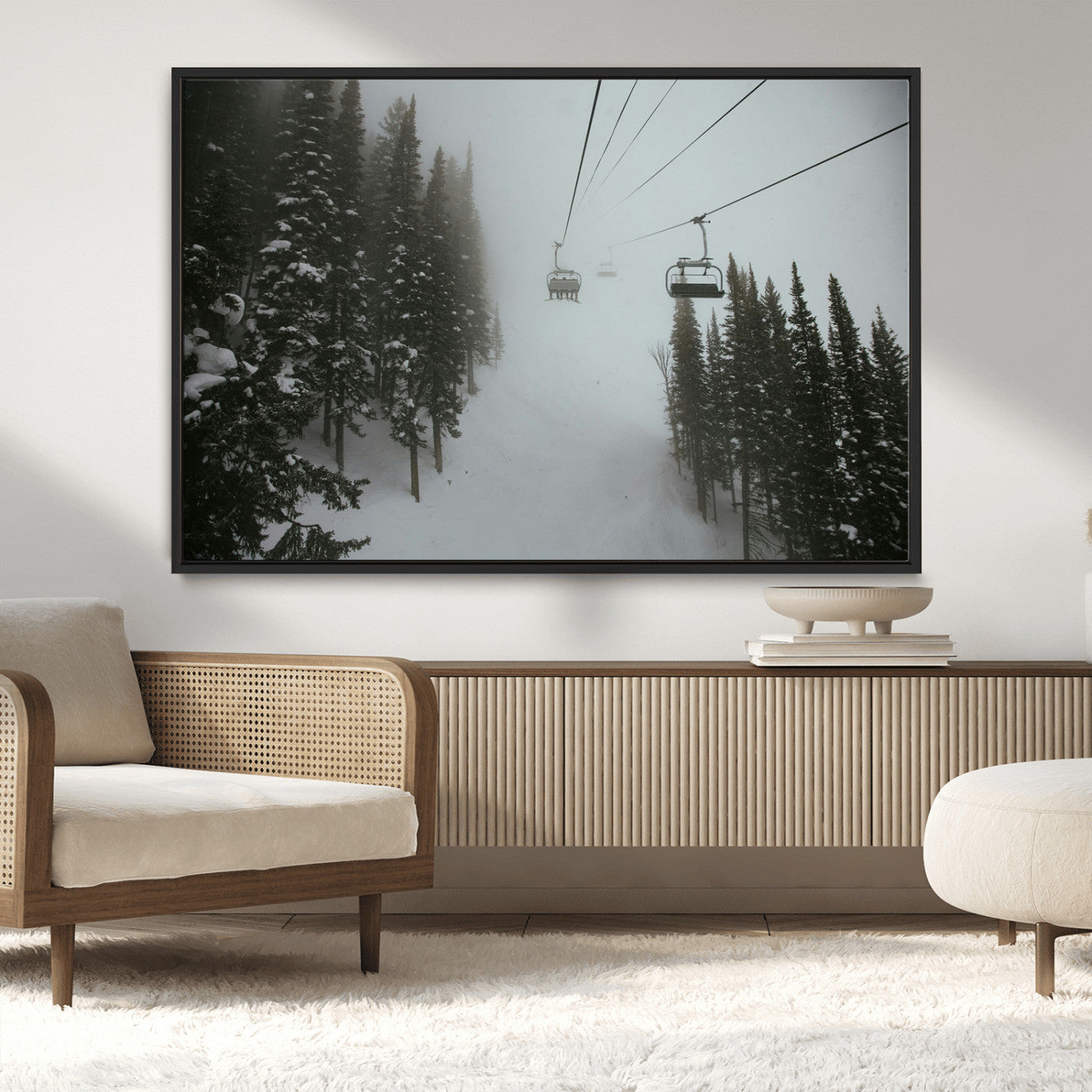 MGV-FC-36X24 - Ski Lift Wall Art Canvas Print, Framed Snowy Pines Art Picture Print, Misty Landscape Perfect Winter Serenity Decor Artwork