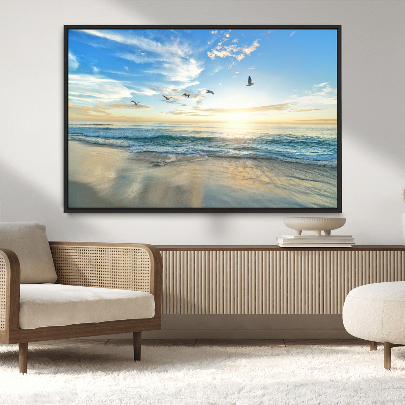 MGV-FC-36X24 - Minimalist Seaside Wall Art Canvas Print, Framed Morning Glow Art Picture Print, Golden Reflections Perfect Coastal Minimalist Decor Artwork