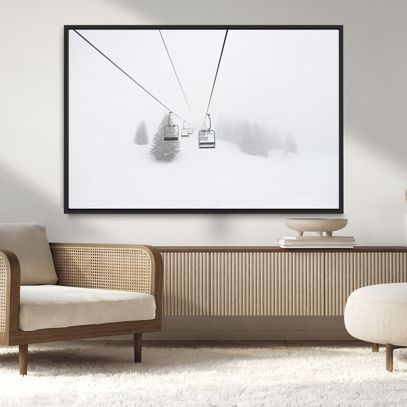 MGV-FC-36X24 - Ski Lift Wall Art Canvas Print, Framed Snowy Landscape Art Picture Print, Alpine Adventure Perfect Nordic Minimalist Decor Artwork