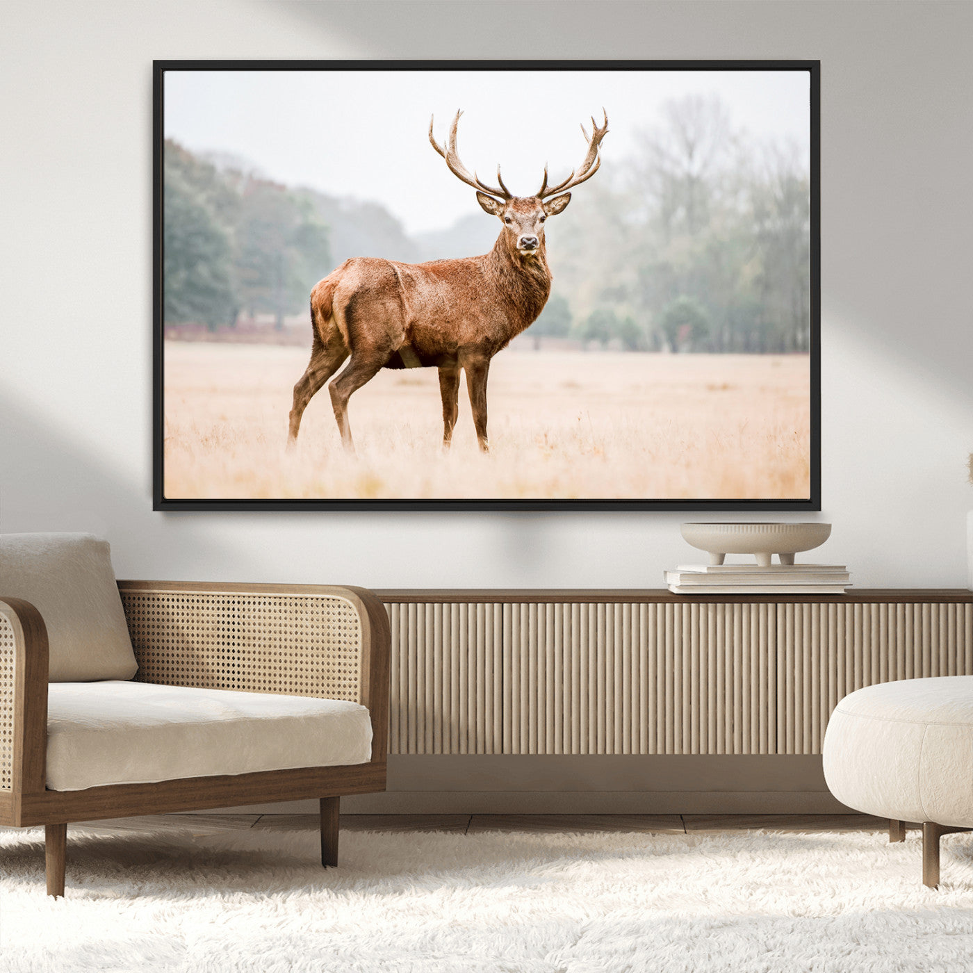 MGV-FC-36X24 - Vintage Wildlife Art Wall Art Canvas Print, Framed Misty Landscape Art Picture Print, Deer Wall Art Perfect Rustic Wildlife Decor Artwork