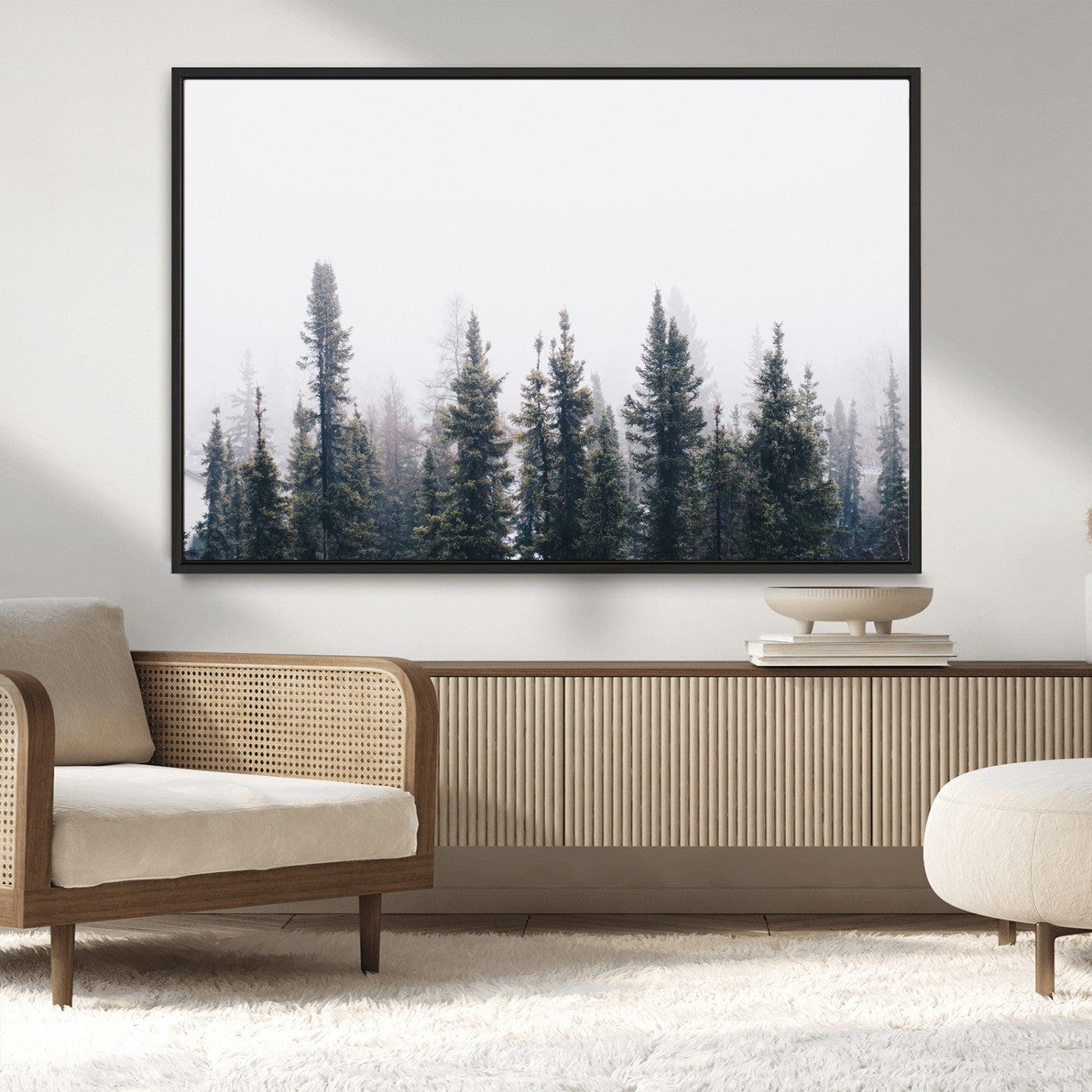 MGV-FC-36X24 - Foggy Forest Wall Art Canvas Print, Framed Misty Pines Art Picture Print, Moody Woodland Perfect Scandinavian Minimalist Decor Artwork