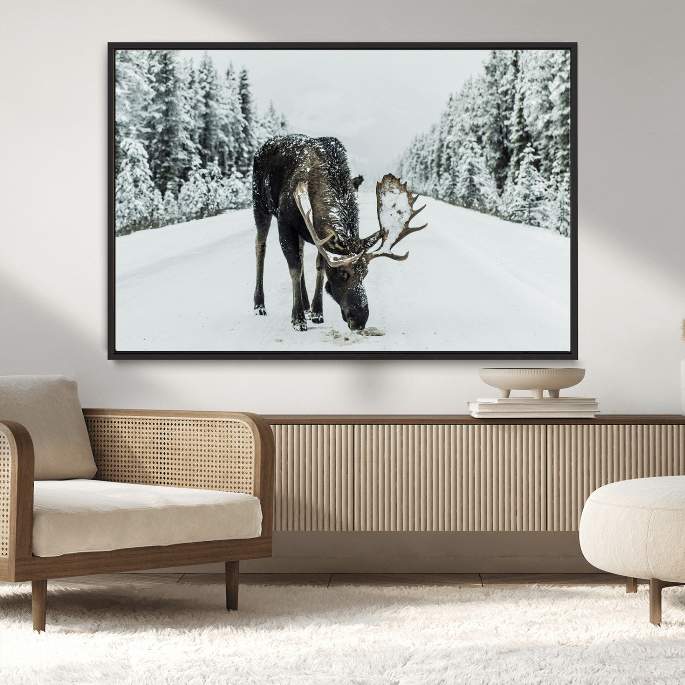 MGV-FC-36X24 - Moose in Snow Wall Art Canvas Print, Framed Winter Wildlife Art Picture Print, Snowy Forest Scene Perfect Rustic Lodge Decor Artwork