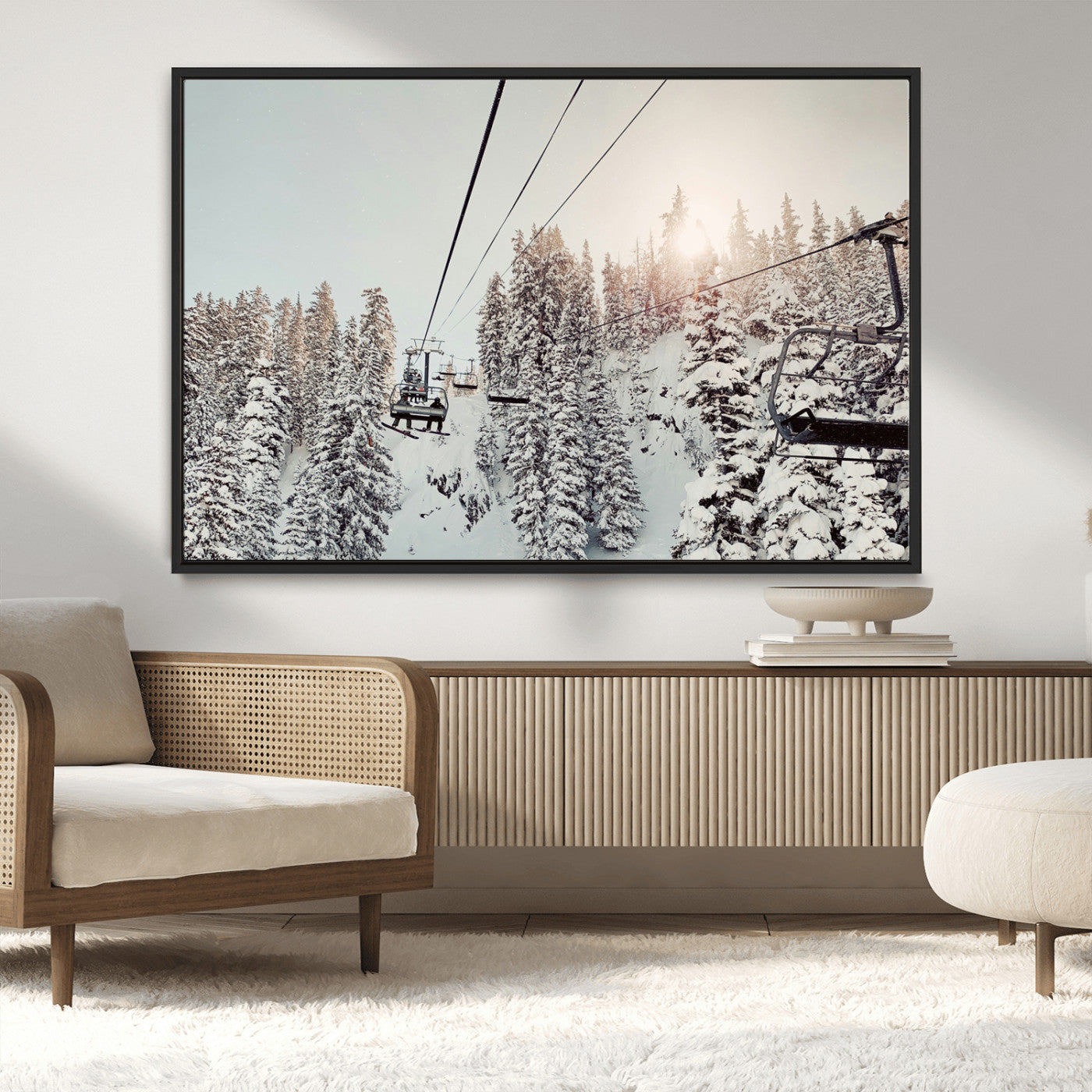 MGV-FC-36X24 - Frosty Pines Wall Art Canvas Print, Framed Cozy Cabin View Art Picture Print, Ski Lift Ride Perfect Rustic Lodge Decor Artwork