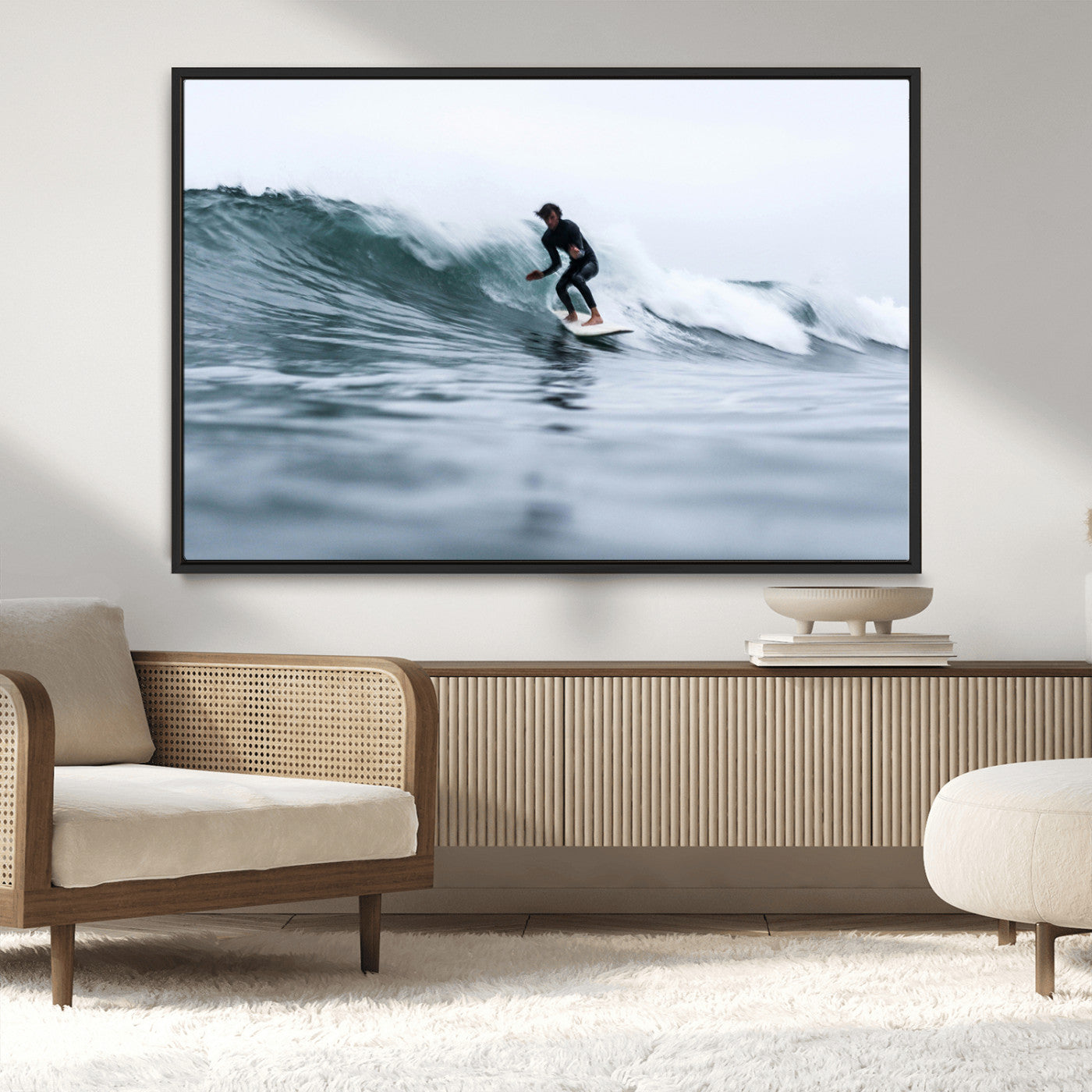 MGV-FC-36X24 - Surfer on Wave Wall Art Canvas Print, Framed Ocean Adventure Art Picture Print, Motion Blur Water Perfect Coastal Adventure Decor Artwork