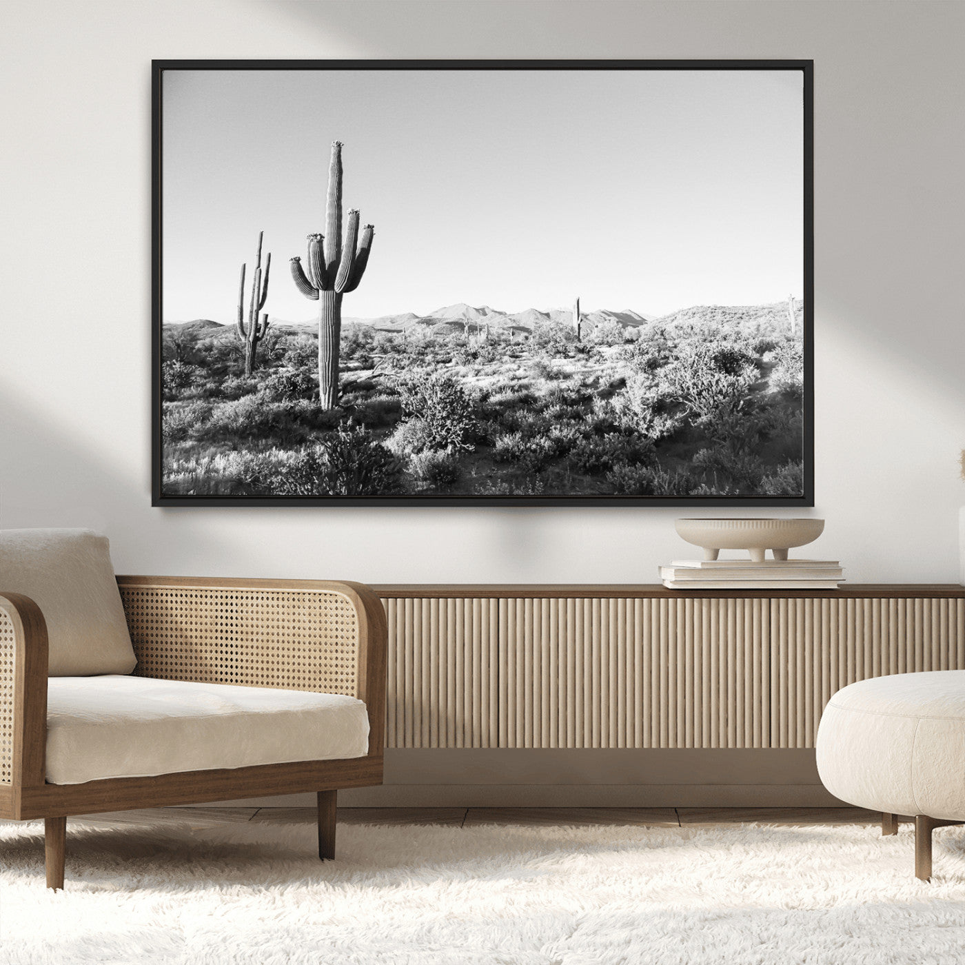 MGV-FC-36X24 - Saguaro Cactus Wall Art Canvas Print, Framed Monochrome Landscape Art Picture Print, Scenic Arizona View Perfect Minimalist Western Decor Artwork