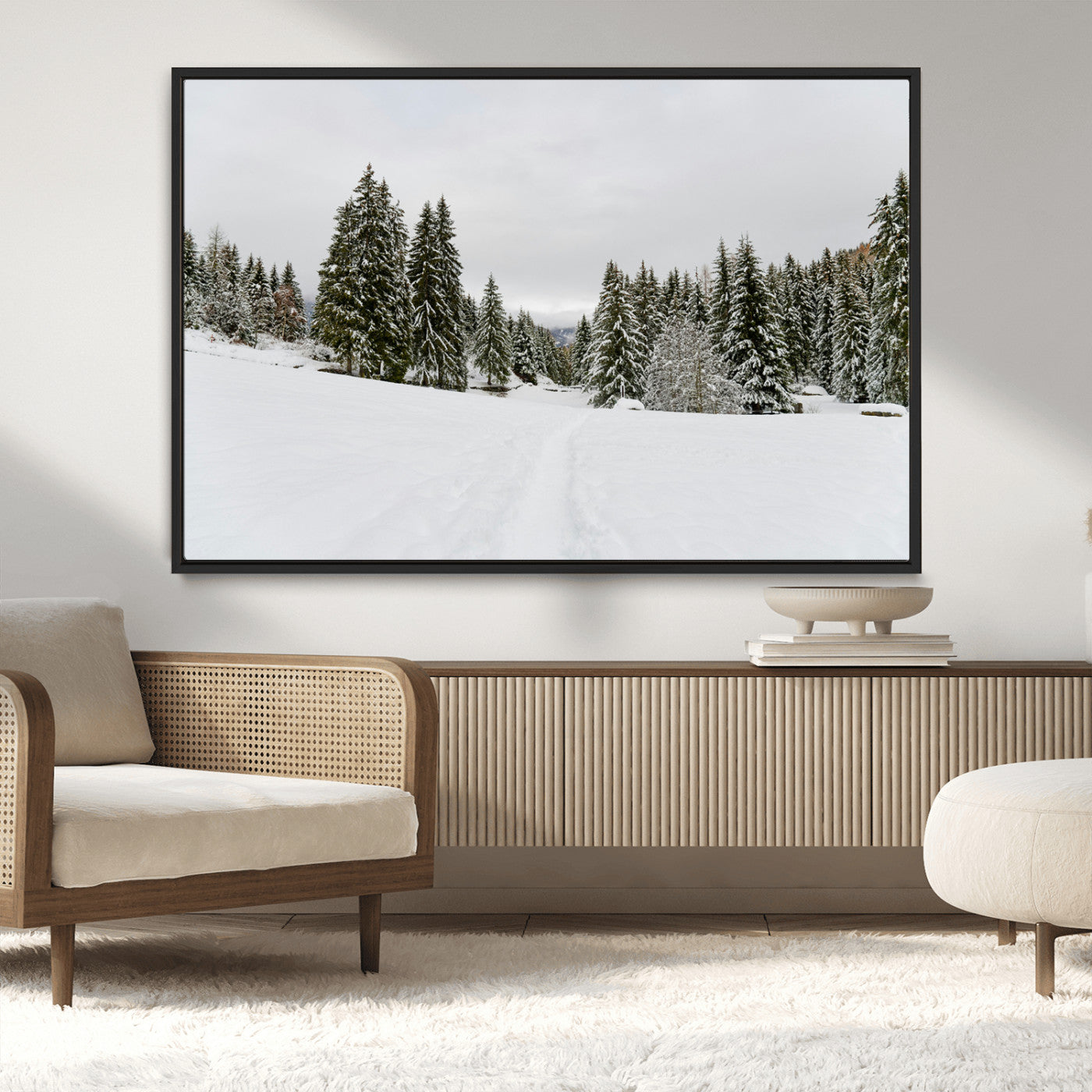MGV-FC-36X24 - Frosty Pines Wall Art Canvas Print, Framed Silent Snowfall Art Picture Print, Cozy Cabin Vibes Perfect Nordic Minimalist Decor Artwork