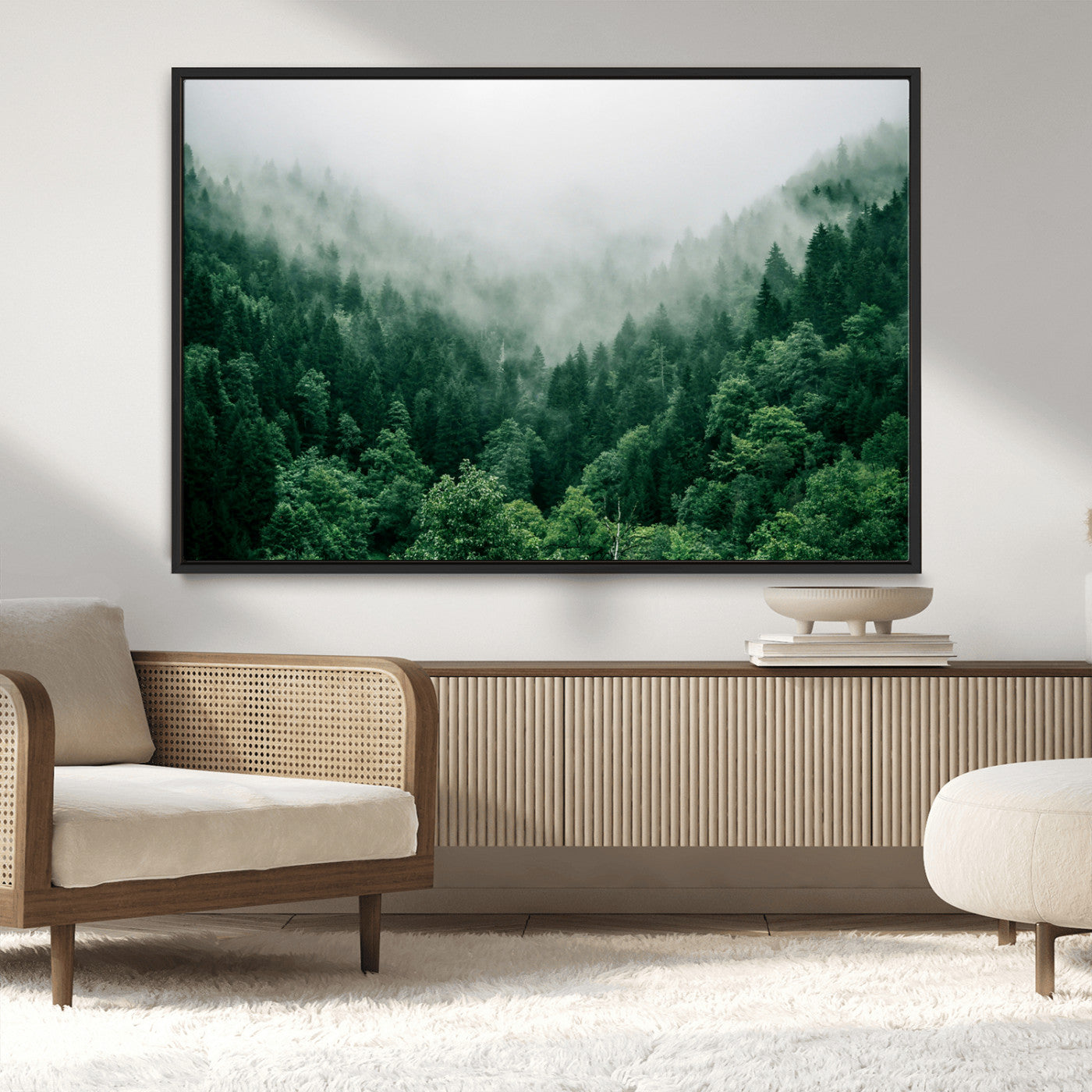 MGV-FC-36X24 - Misty Green Forest Canvas Print – Serene Foggy Pine Landscape Wall Art, Tranquil Nature Decor for