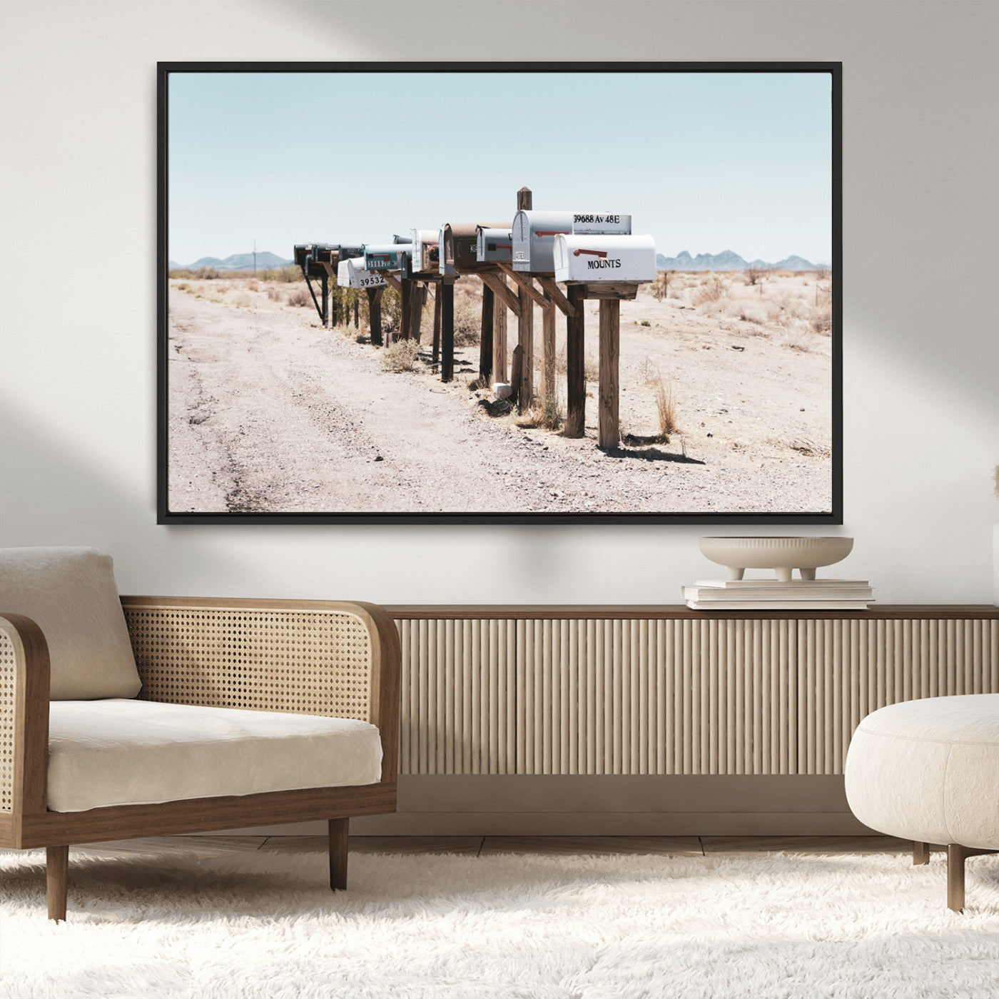 MGV-FC-36X24 - Desert Mailboxes Canvas Print – Minimal Western Landscape Photography, Rustic Americana Wall Art for