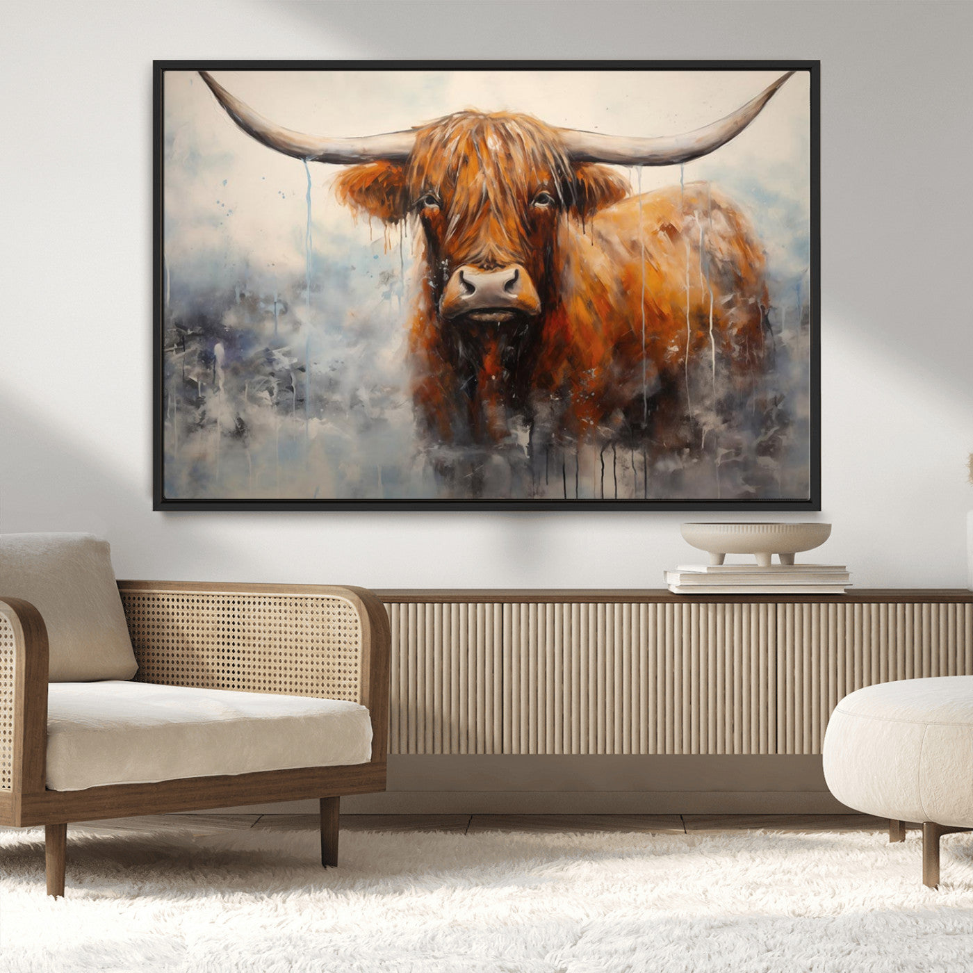 MGV-FC-36X24 - Scottish Highland Wall Art Canvas Print, Framed Longhorn Art Picture Print, Western Cow Perfect Farmhouse Decor Artwork