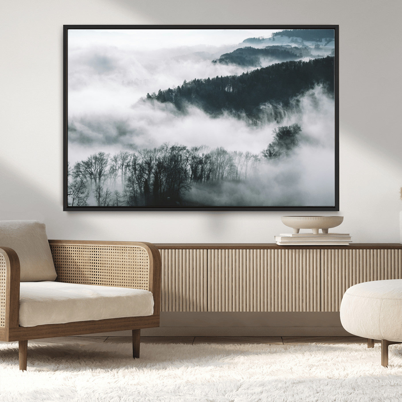 MGV-FC-36X24 - Foggy Forest Landscape Wall Art Canvas Print – Misty Mountain Valley Scene in Monochrome Tones,
