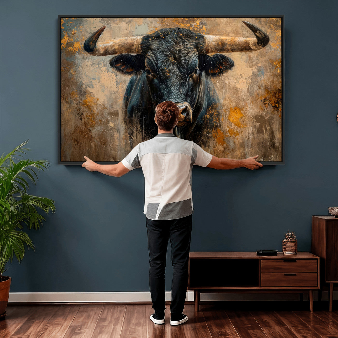 91615410-MGV-CV-36X24 - Abstract Texas Longhorn Bull Wall Art – Rustic Farmhouse Canvas Print, Western Cabin Style Decor, Large Animal Artwork for Living Room or Office