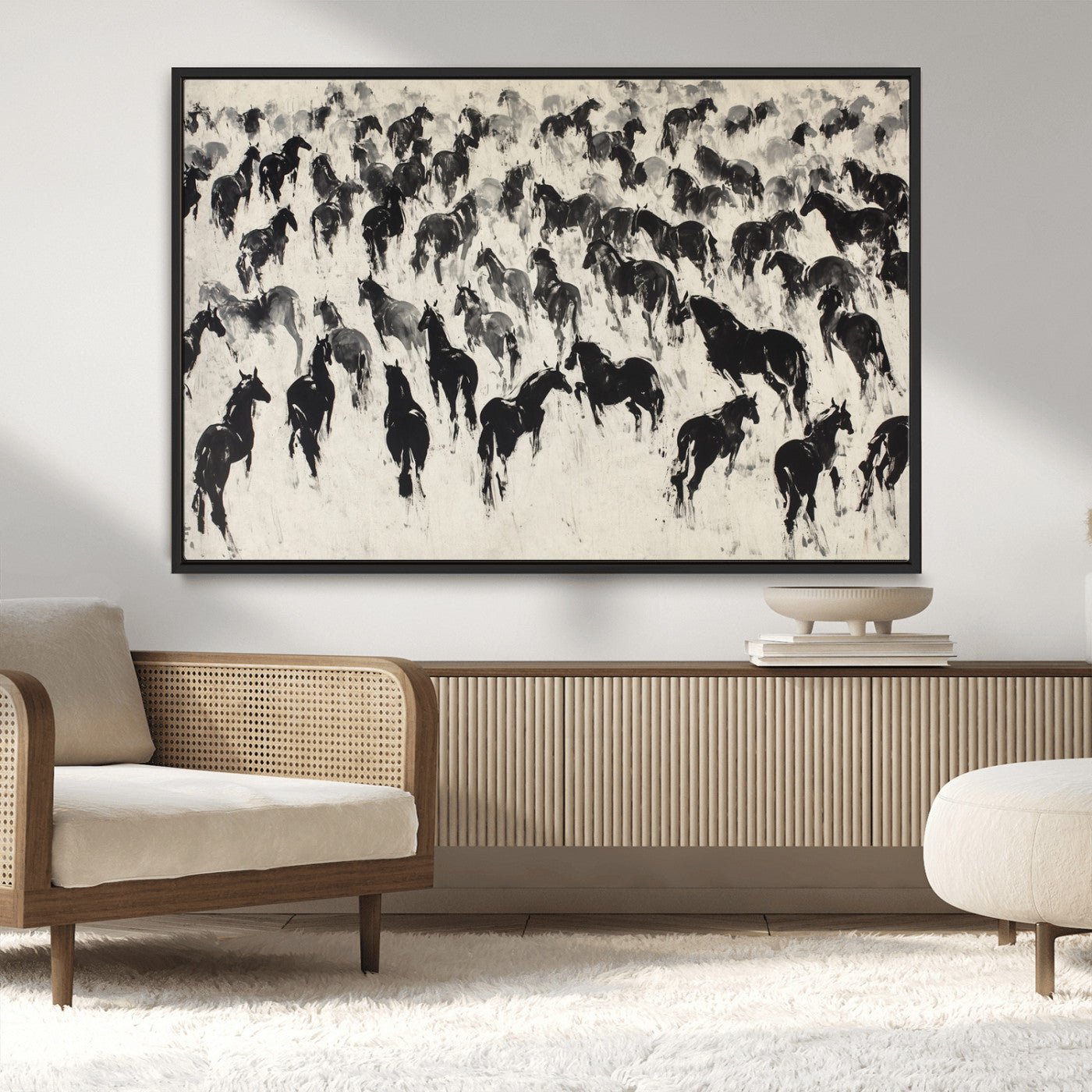MGV-FC-36X24 - Wild Horse Stampede Wall Art Canvas Print – Monochrome Ink Brush Painting of Running Horses, Perfect