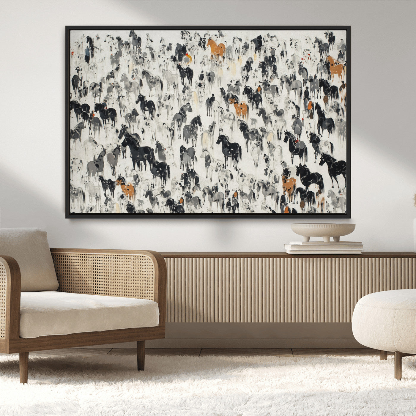 MGV-FC-36X24 - Wild Horse Stampede Wall Art Canvas Print – Monochrome Ink Brush Painting of Running Horses, Perfect