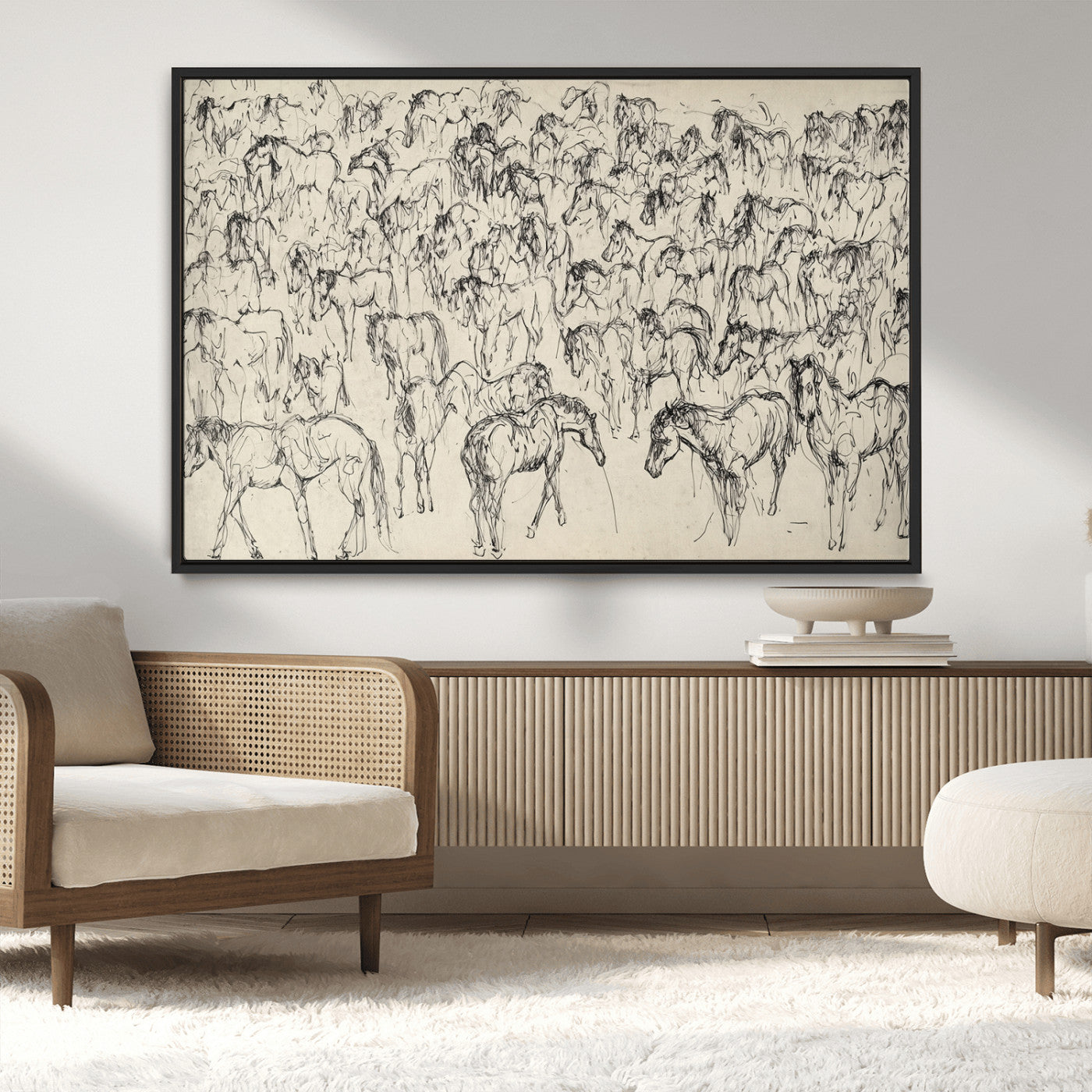 MGV-FC-36X24 - Wild Horse Stampede Wall Art Canvas Print – Monochrome Ink Brush Painting of Running Horses, Perfect