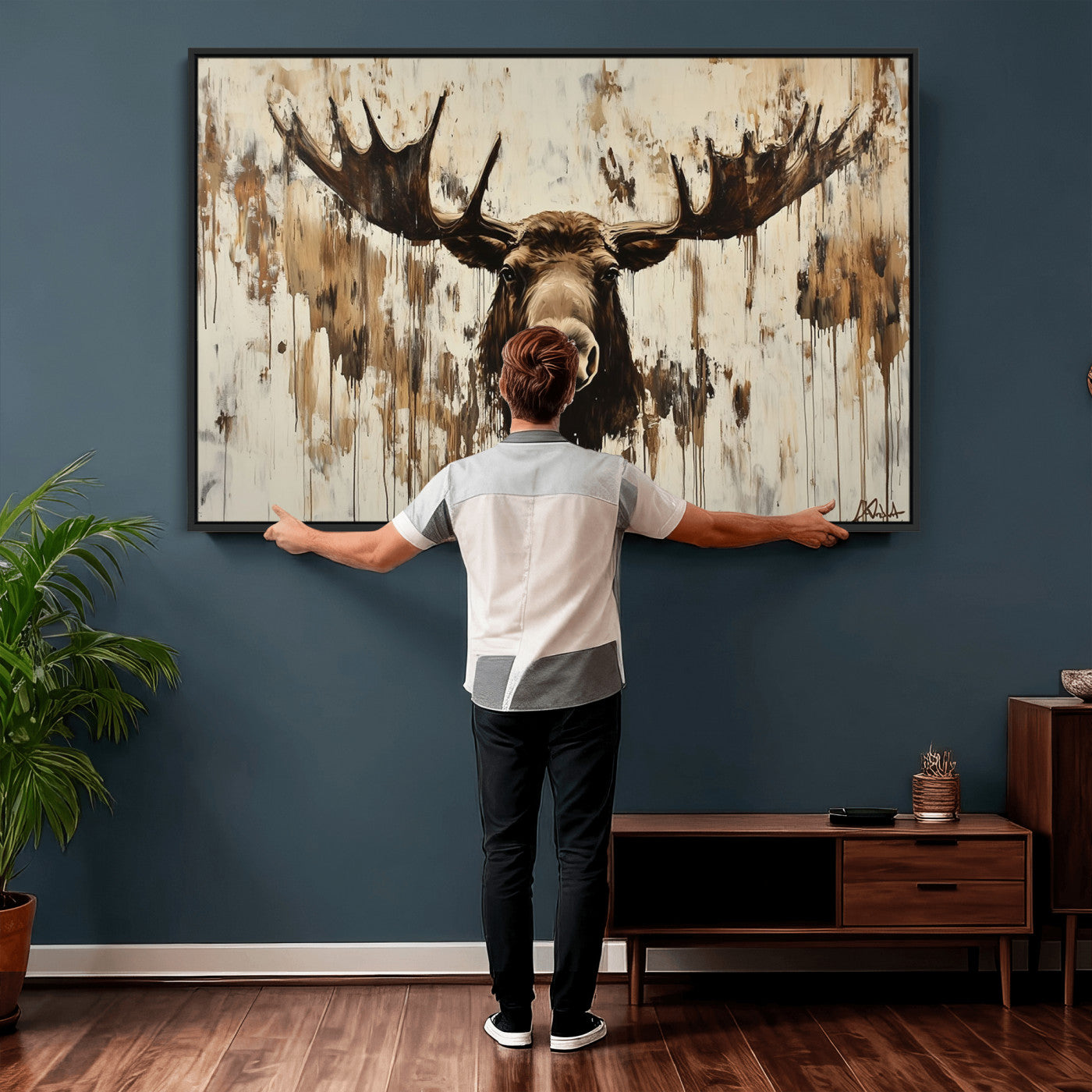 34496536-MGV-CV-36X24 - Powerful Moose Portrait Wall Art – Rich Earthy Tones, Expressive Brushstrokes, Striking Gaze, Raw Nature Vibes Decor for Home or Office