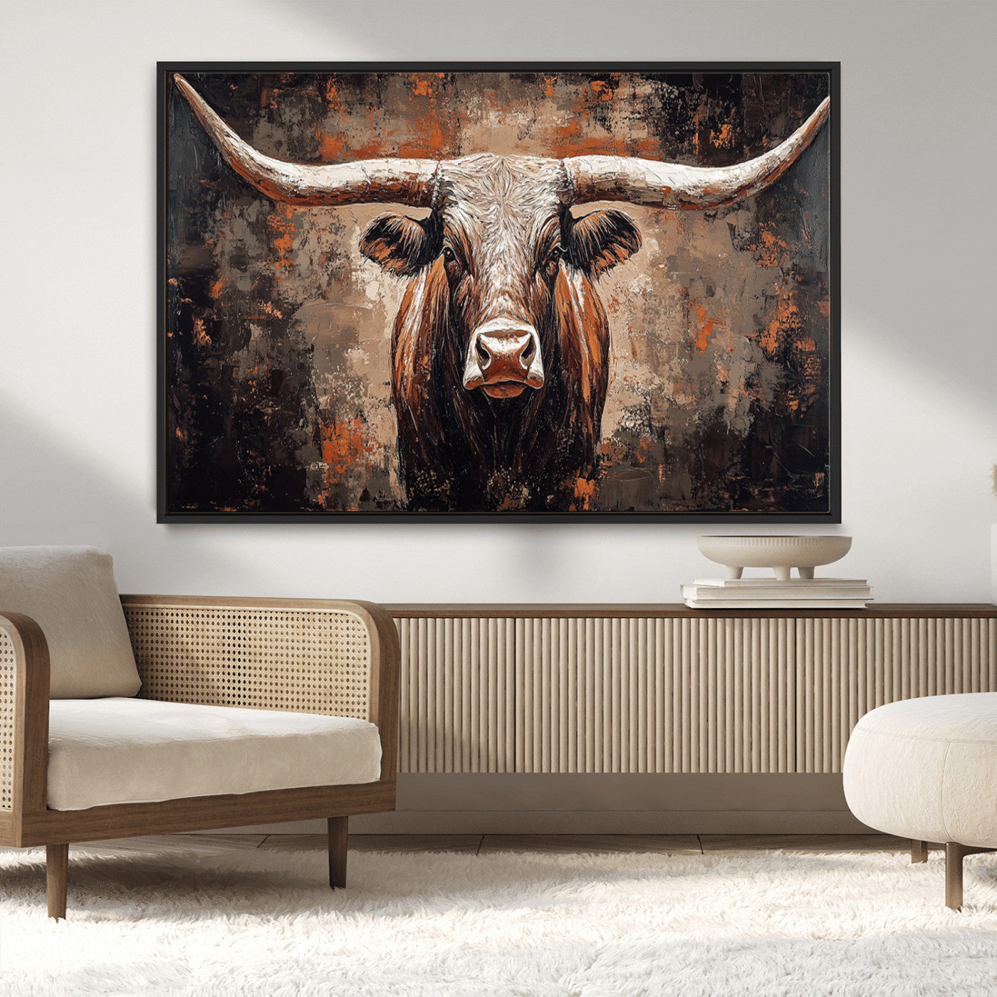 42732393-MGV-CV-36X24-Rustic Longhorn Bull Wall Art Canvas Print – Vintage Western Cattle Painting, Texas Steer Artwork for Ranch, Farmhouse or Cowboy Decor