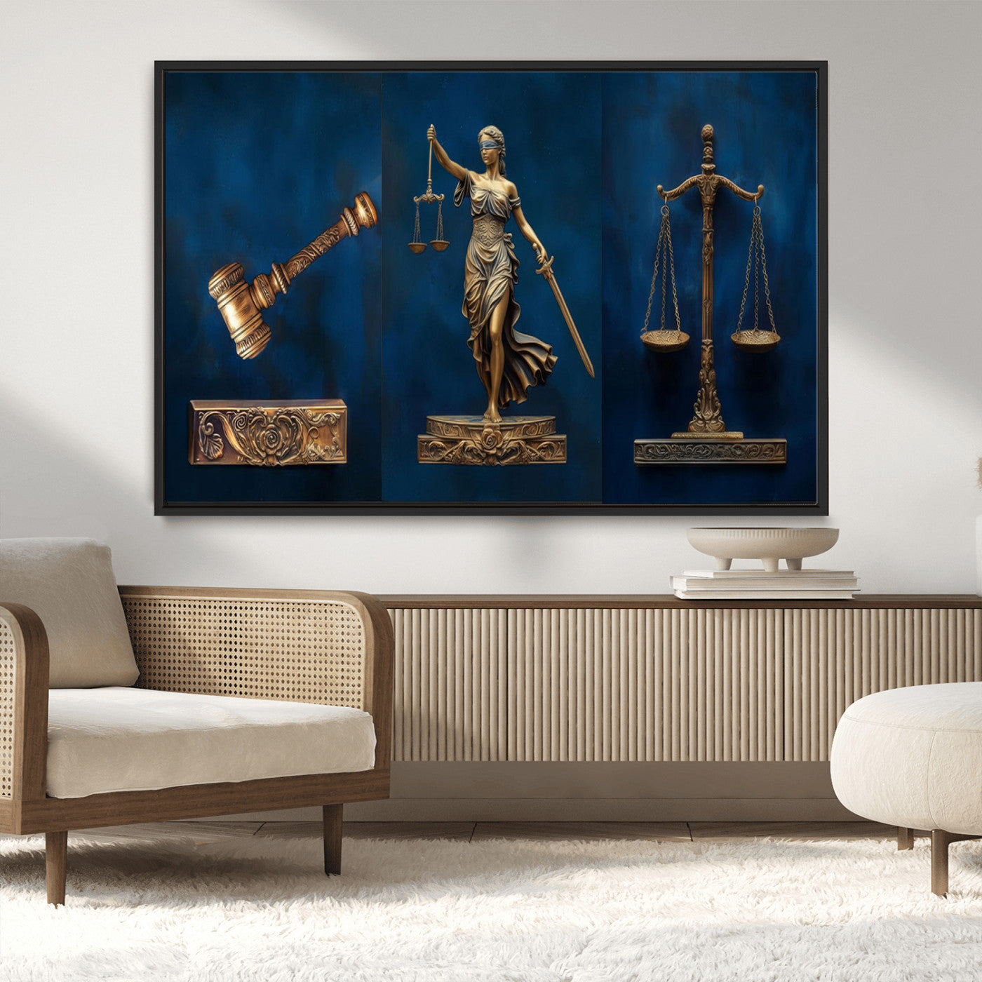 MGV-FC-36X24 - Lady Justice Wall Art Canvas Print – Elegant Gold Legal Symbols on Blue Background, Perfect for Law