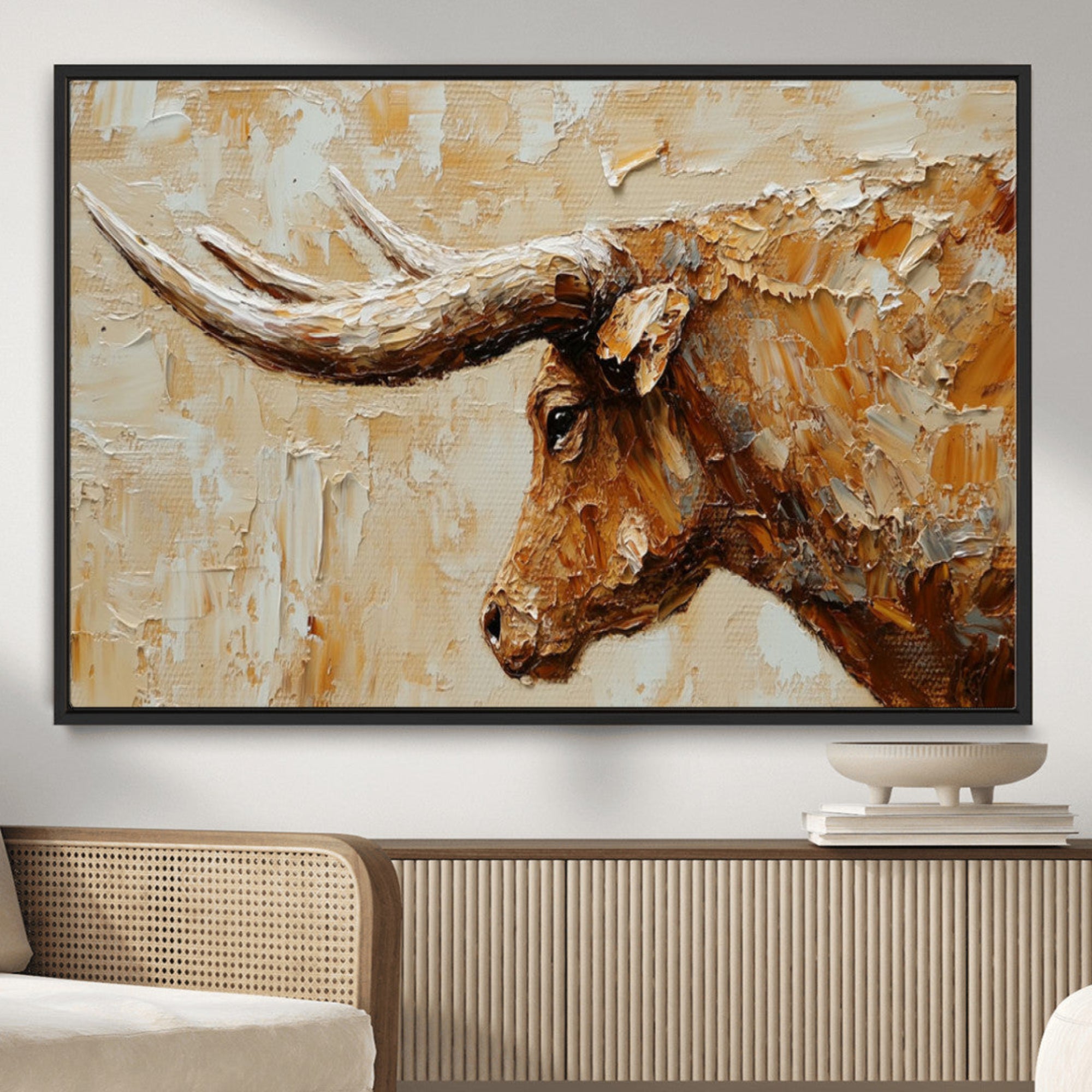69611428-MGV-CV-36X24-Rustic Longhorn Bull Wall Art Canvas Print – Vintage Western Cattle Scene, Texas Steer Artwork for Home, Office