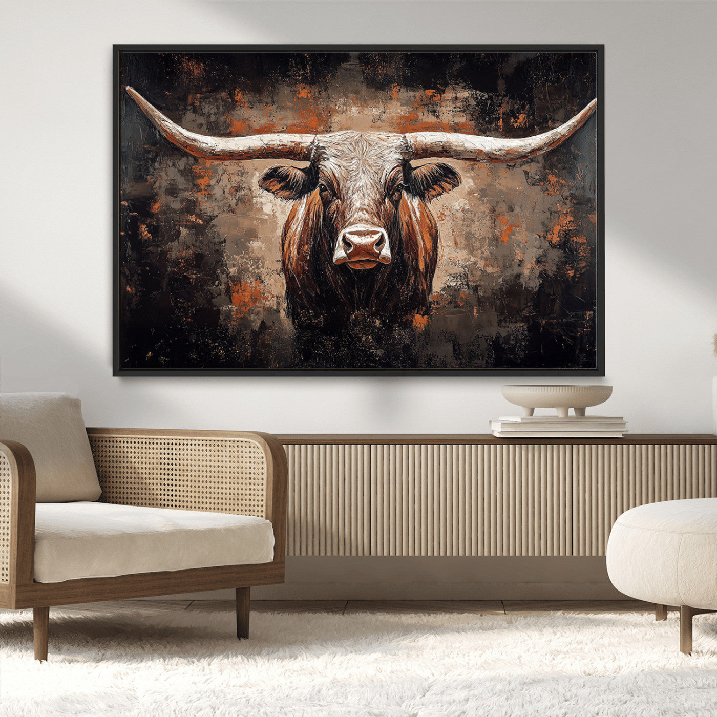 24779067-MGV-CV-36X24-Rustic Longhorn Bull Wall Art Canvas Print – Vintage Western Cattle Painting, Texas Steer Artwork for Ranch, Farmhouse or Cowboy Decor