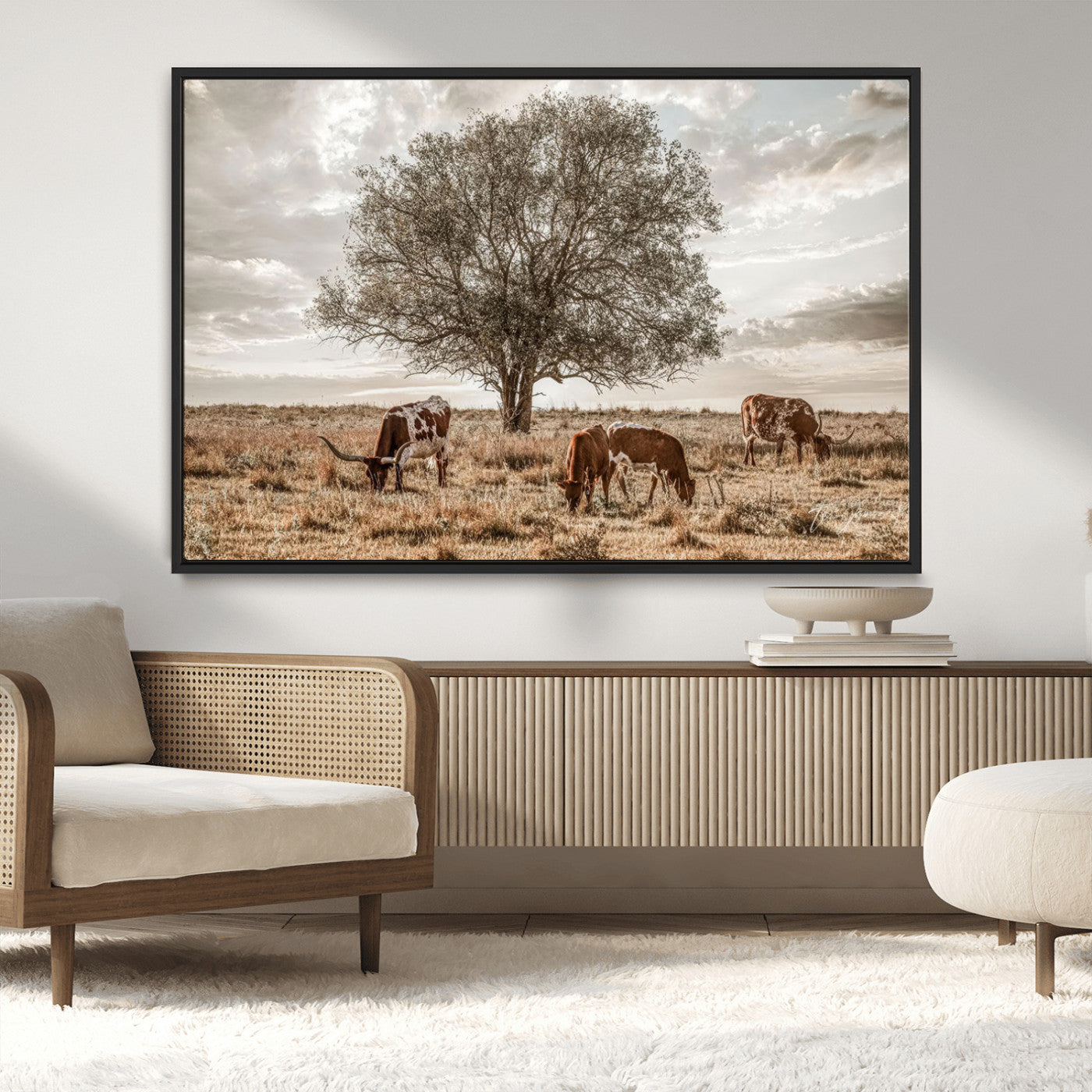 Texas Longhorn Cattle Wall Art Canvas Print – Rustic Western Ranch Scene with Steers at Sunset, Perfect for Farmhouse or Cowboy Decor