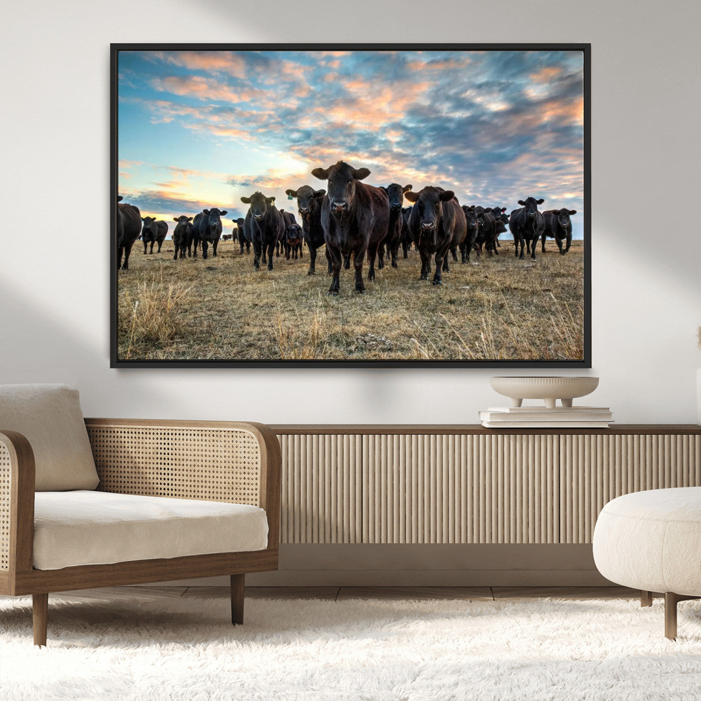 13867292-MGV-CV-36X24-Texas Longhorn Cattle Wall Art Canvas Print – Rustic Western Ranch Scene with Steers at Sunset, Perfect for Farmhouse or Cowboy Decor