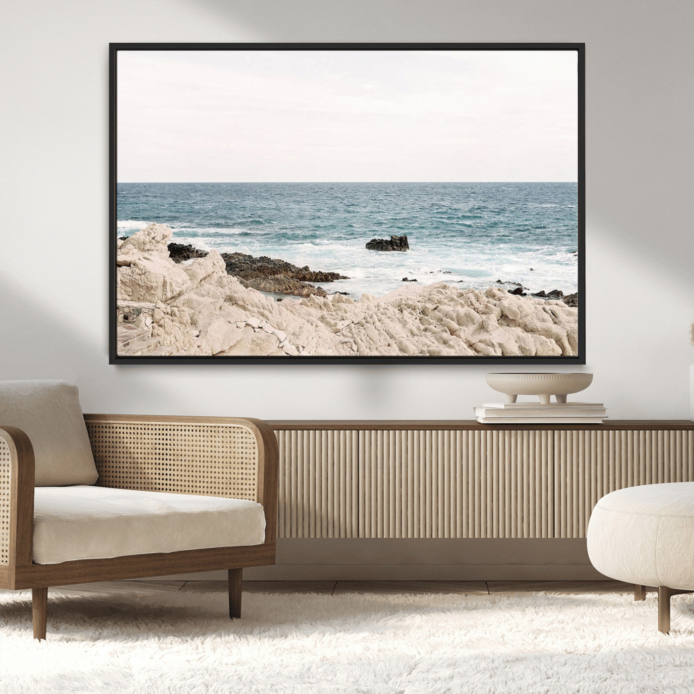 25481980-MGV-CV-36X24-Coastal Ocean View Wall Art Canvas Print – Serene Rocky Shoreline and Blue Sea Photography for Coastal Chic or Minimalist Home Decor
