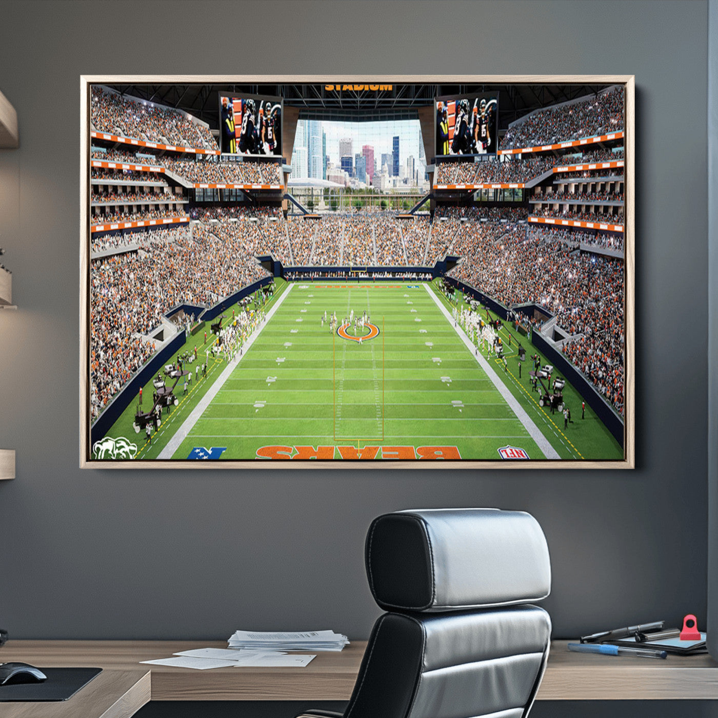 76935553-MGV-CV-36X24-Chicago Bears Soldiers Field Wall Art Canvas Print – Framed Football Stadium Artwork for Sports Fans, Soldier Field Skyline Canvas Decor for Game Room or Man Cave
