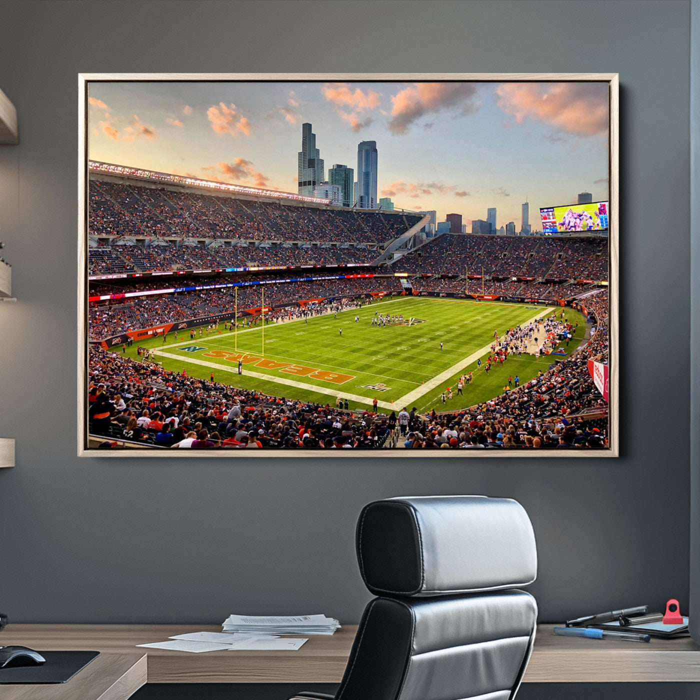 55377093-MGV-CV-36X24-Chicago Bears Soldiers Field Wall Art Canvas Print – Framed Football Stadium Artwork for Sports Fans, Soldier Field Skyline Canvas Decor for Game Room or Man Cave