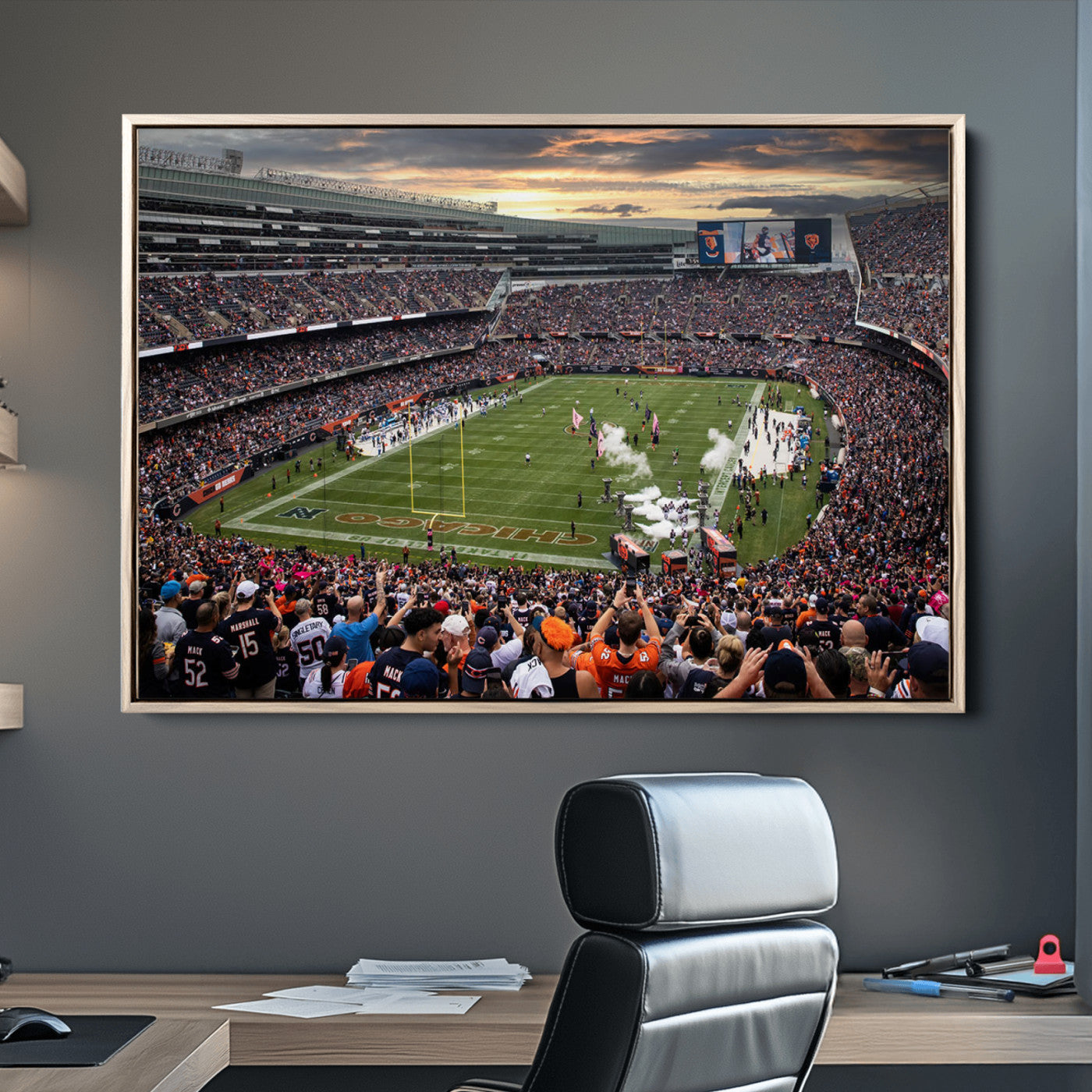 87578930-MGV-CV-36X24-Chicago Bears Soldiers Field Wall Art Canvas Print – Framed Football Stadium Artwork for Sports Fans, Soldier Field Skyline Canvas Decor for Game Room or Man Cave