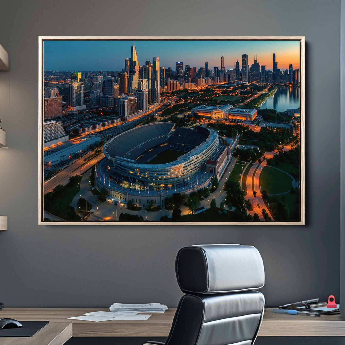 36690345-MGV-CV-36X24-Chicago Bears Soldiers Field Wall Art Canvas Print – Framed Football Stadium Artwork for Sports Fans, Soldier Field Skyline Canvas Decor for Game Room or Man Cave