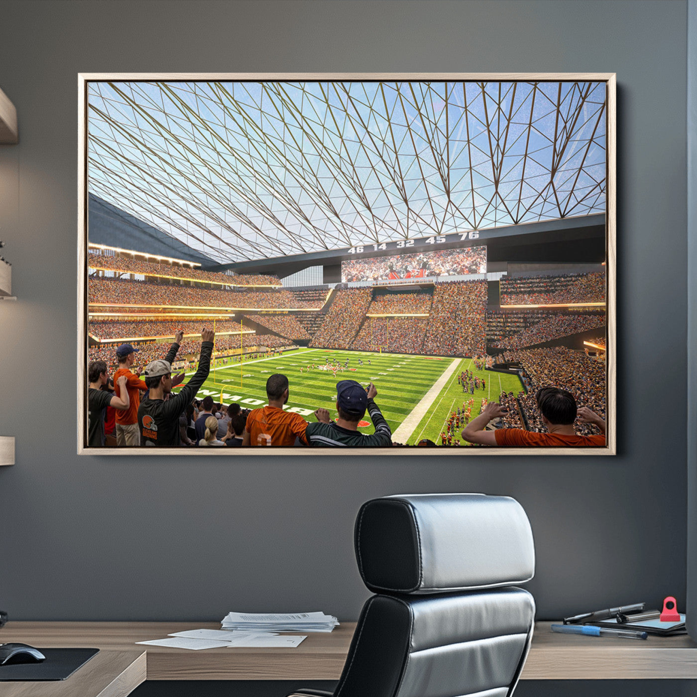 81960112-MGV-CV-36X24-Cleveland Browns Stadium Wall Art Canvas Print – Framed Football Artwork Featuring Cleveland Skyline and Browns Stadium, Perfect for Man Cave or Game Room Decor
