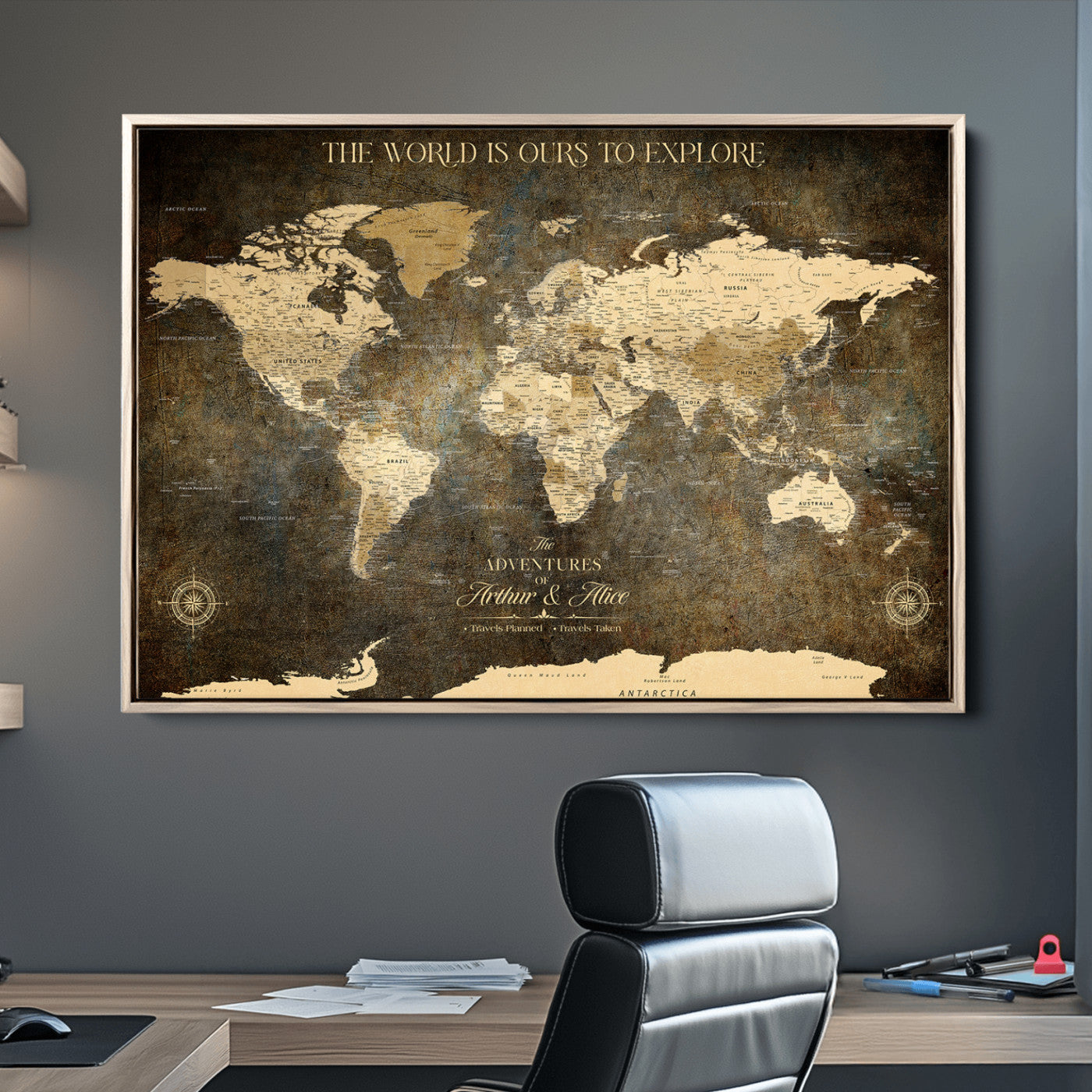 76675404-MGV-CV-36X24-Framed Push Pin World Travel Map – Canvas Wall Art for Tracking Adventures, Decorative Vintage Style Map with Pins for Home or Office - H1
