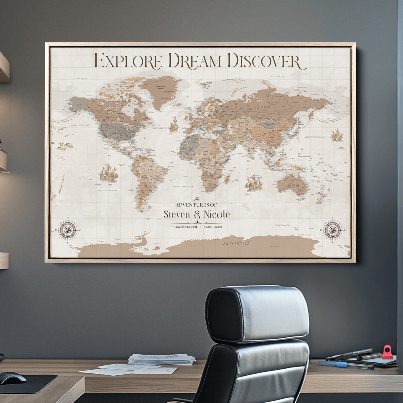 95738134-MGV-CV-36X24-Custom Push Pin World Map Wall Canvas Print – Personalized Travel Tracker with Pins – Framed Large Multi-Size Canvas for Home Office Decor