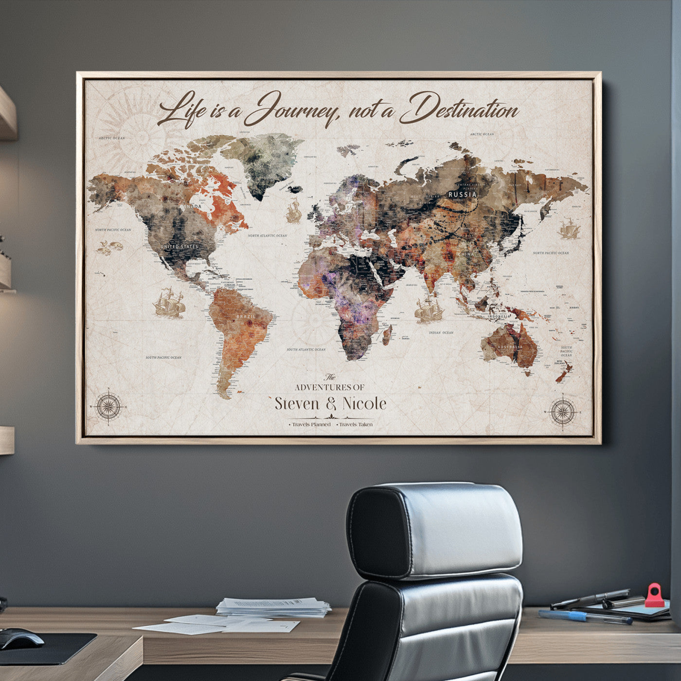 96000140-MGV-CV-36X24-Custom Push Pin World Map Wall Canvas Print – Personalized Travel Tracker with Pins – Framed Large Multi-Size Canvas for Home Office Decor