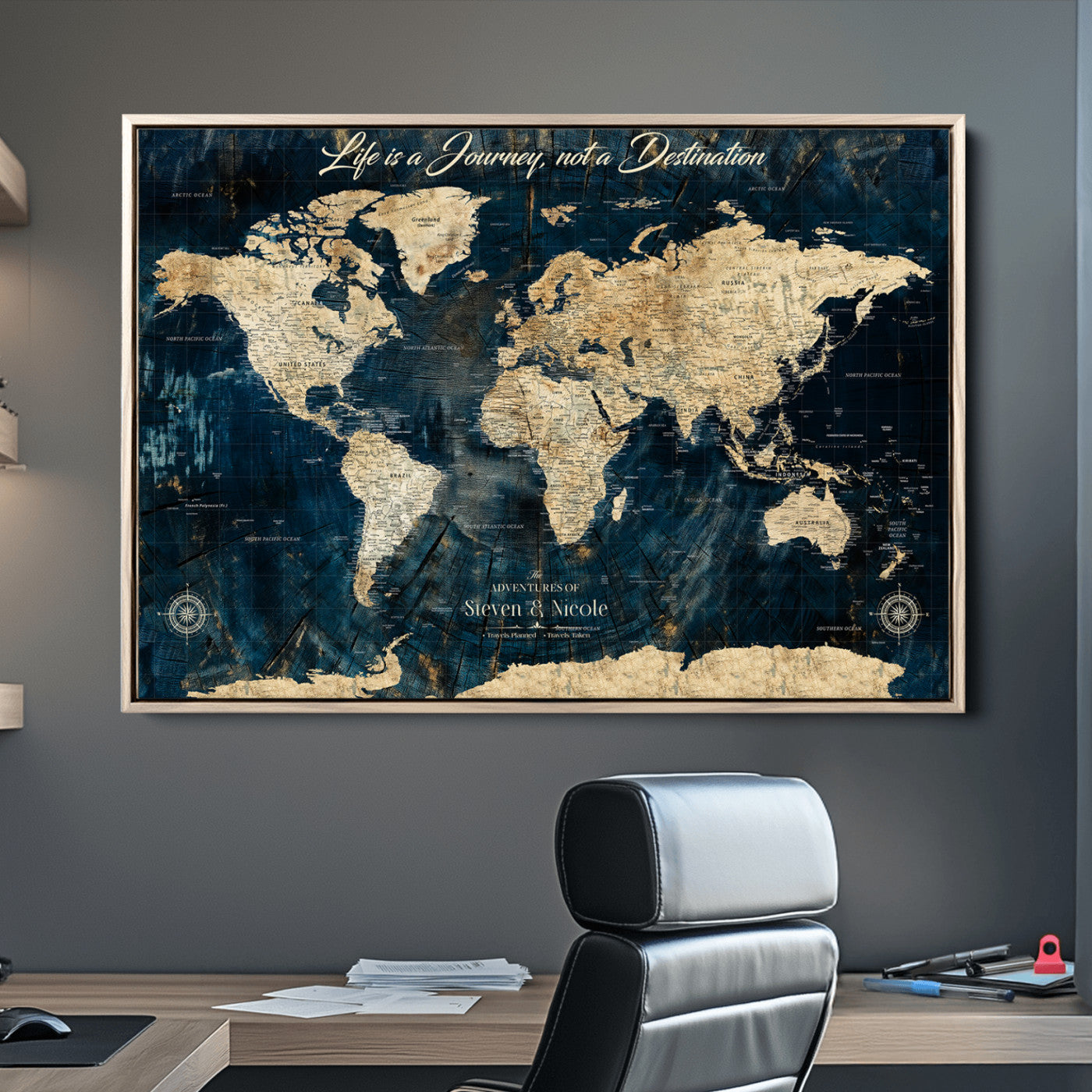23551206-MGV-CV-36X24-Custom Push Pin World Map Wall Canvas Print – Personalized Travel Tracker with Pins – Framed Large Multi-Size Canvas for Home Office Decor