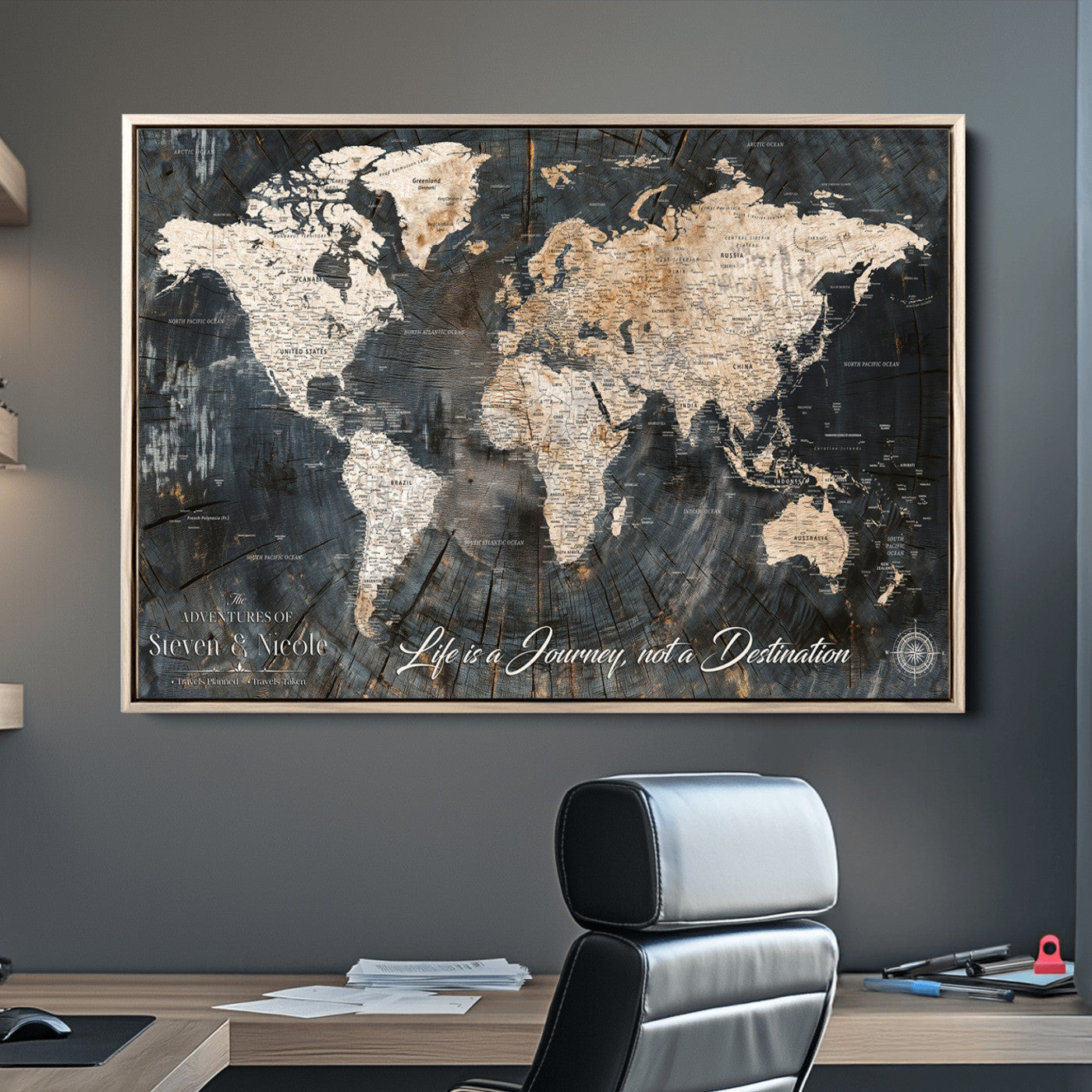 13001721-MGV-CV-36X24-Custom Push Pin World Map Wall Canvas Print – Personalized Travel Tracker with Pins – Framed Large Multi-Size Canvas for Home Office Decor