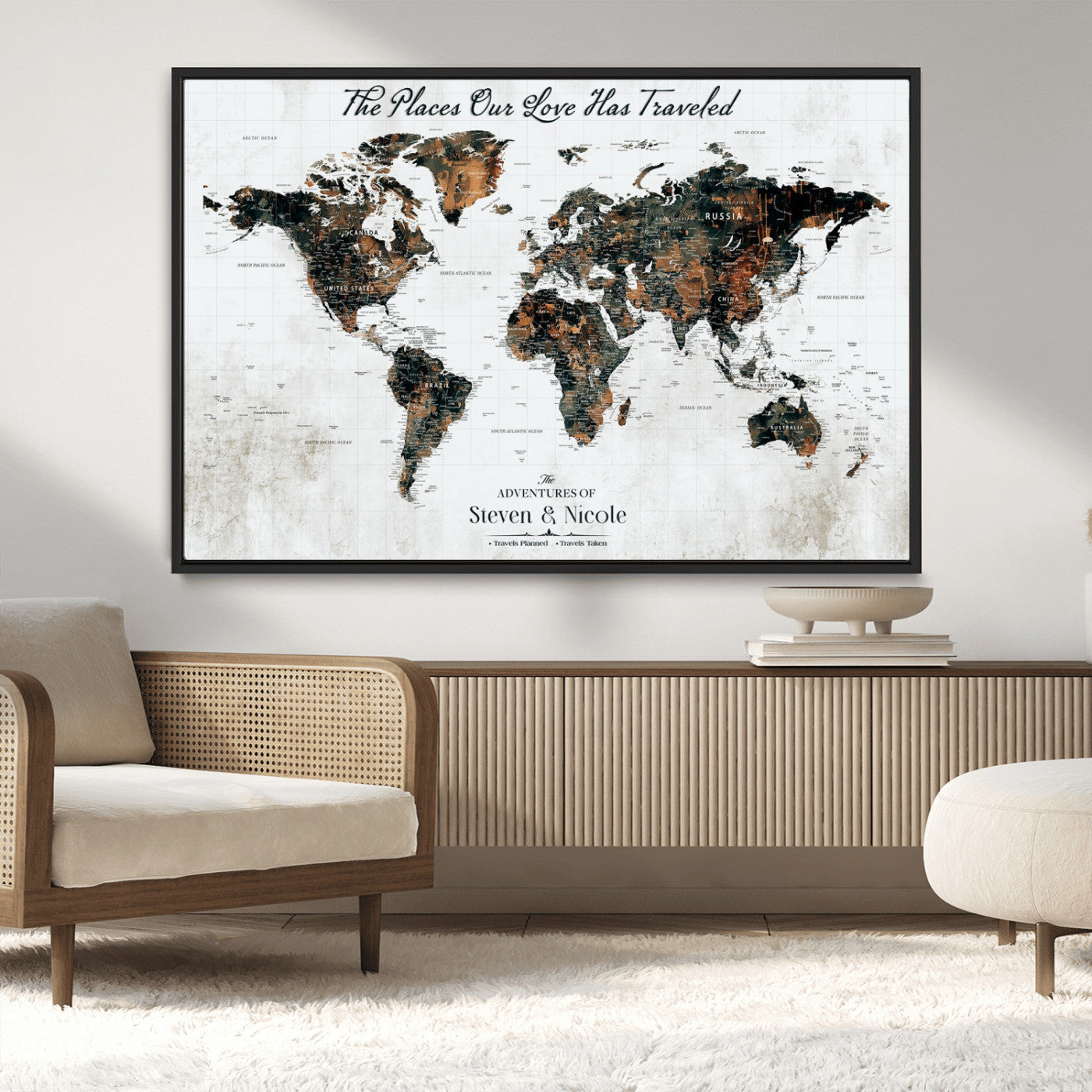 89231588-MGV-FC-36X24_Black-World Travel Map with Pins – Framed Canvas Print to Track Adventures and Create a Visual Travel Journal, Ideal Wall Art for Home - H17