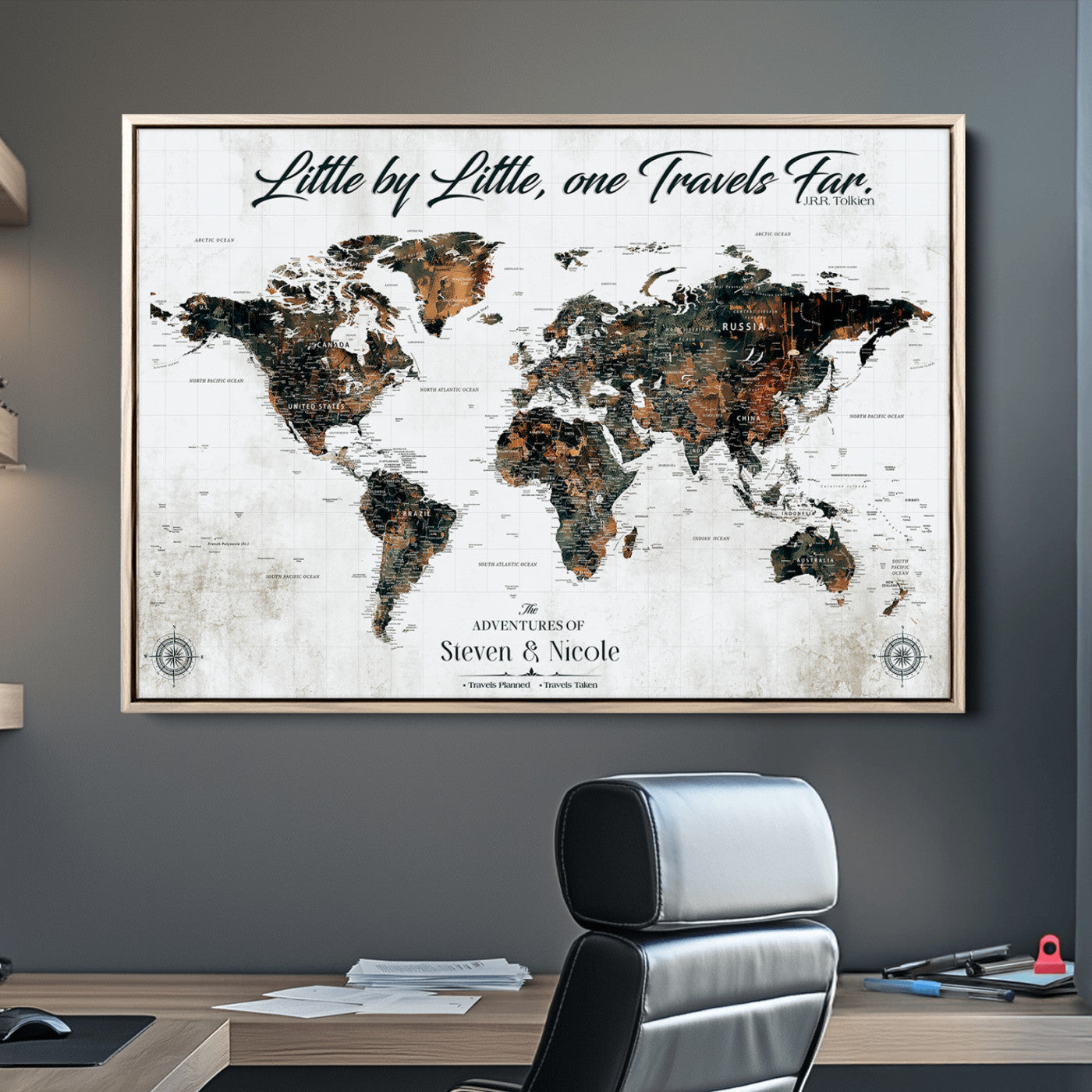 89231588-MGV-CV-36X24-Custom Push Pin World Map Wall Canvas Print – Personalized Travel Tracker with Pins – Framed Large Multi-Size Canvas for Home Office Decor