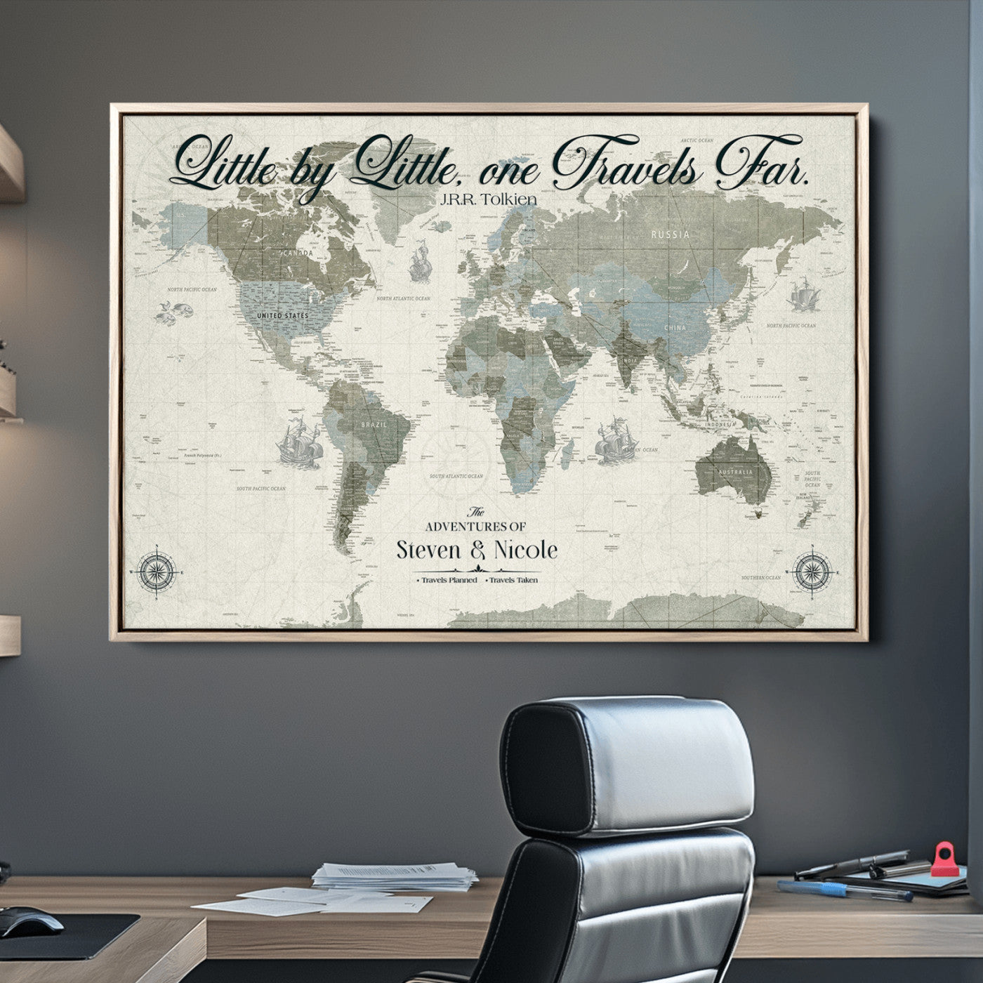 72081300-MGV-CV-36X24-Custom Push Pin World Map Wall Canvas Print – Personalized Travel Tracker with Pins – Framed Large Multi-Size Canvas for Home Office Decor