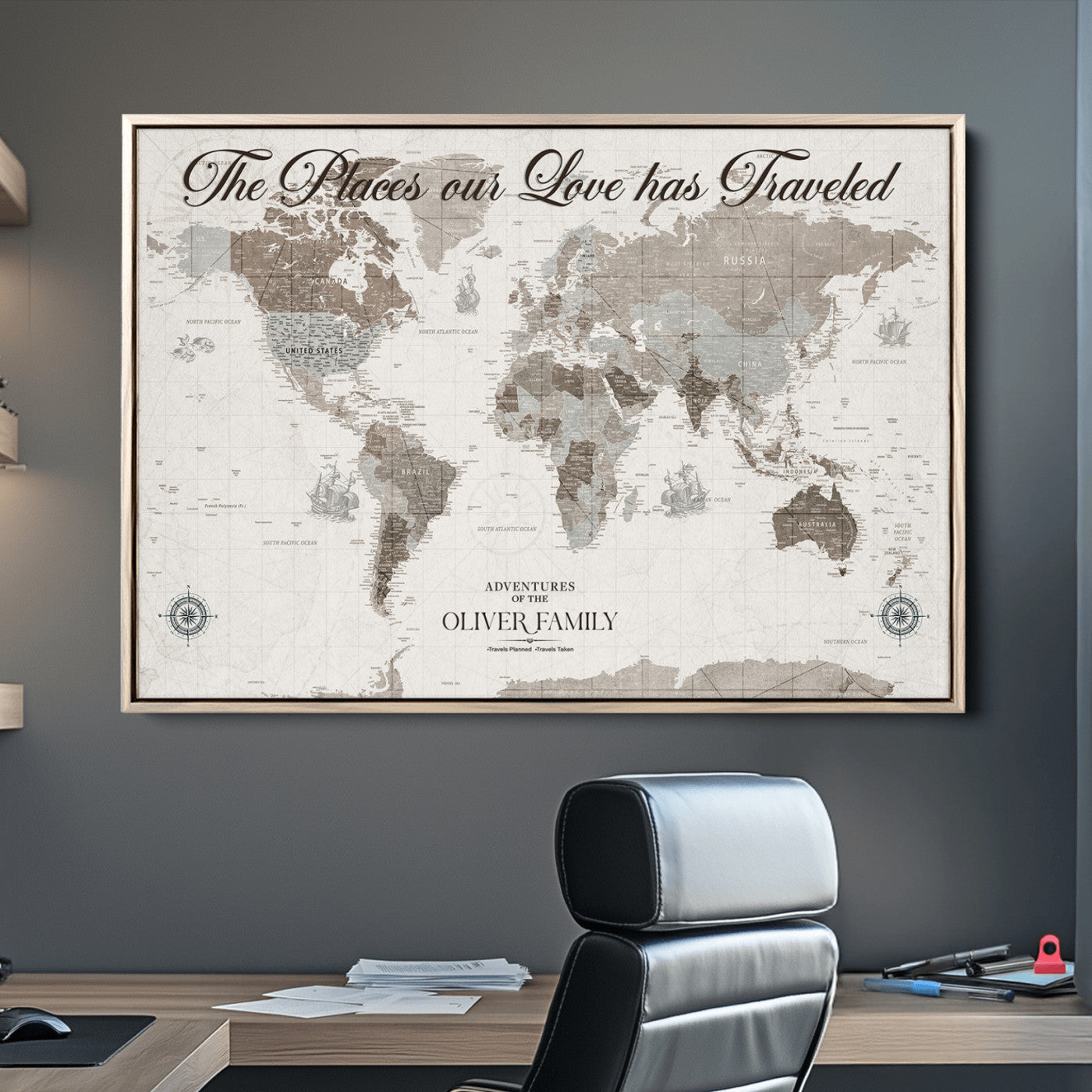 88245481-MGV-CV-36X24-Custom Push Pin World Map Wall Canvas Print – Personalized Travel Tracker with Pins – Framed Large Multi-Size Canvas for Home Office Decor
