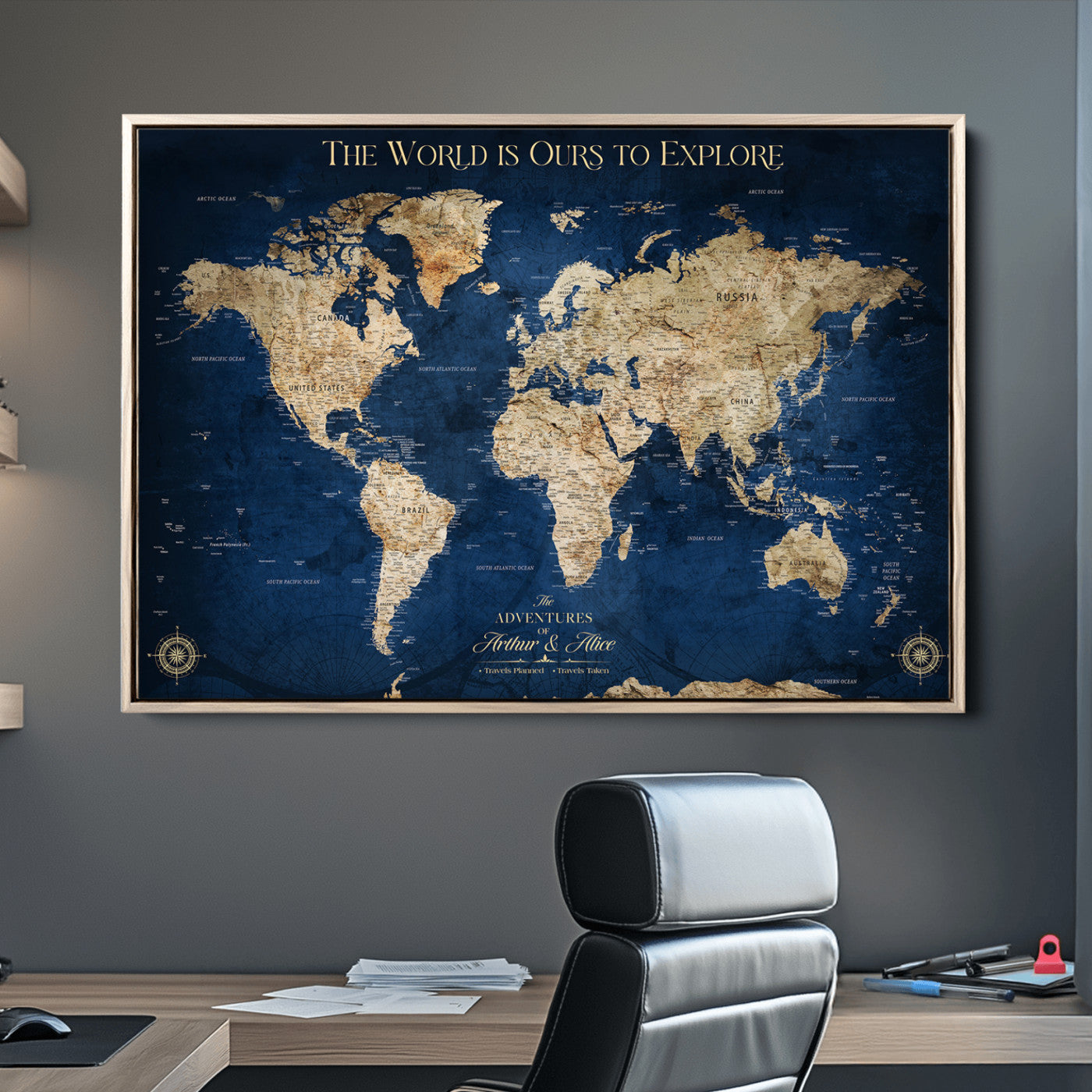 10181149-MGV-CV-36X24-Custom Push Pin World Map Wall Canvas Print – Personalized Travel Tracker with Pins – Framed Large Multi-Size Canvas for Home Office Decor