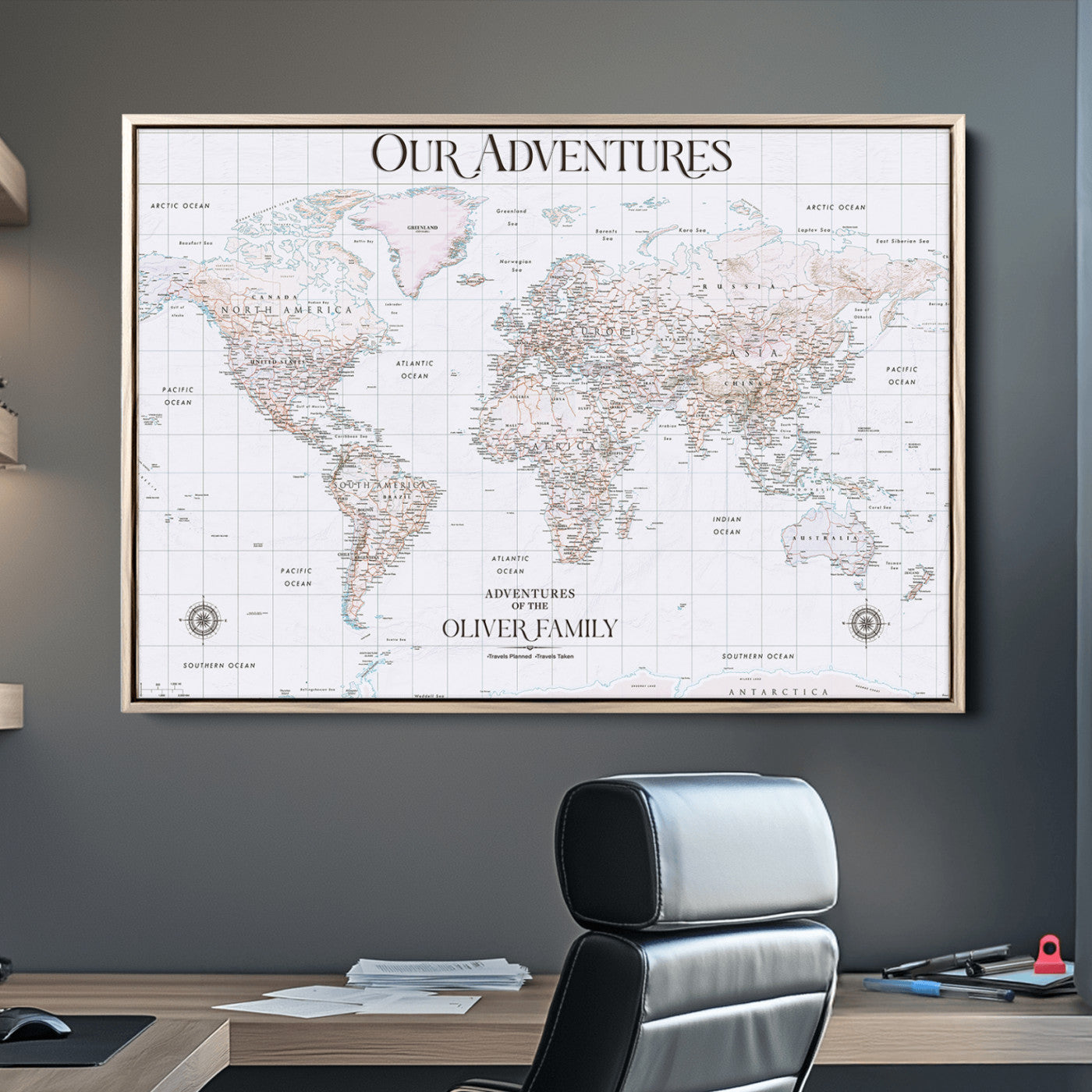 40041157-MGV-CV-36X24-Custom Push Pin World Map Wall Canvas Print – Personalized Travel Tracker with Pins – Framed Large Multi-Size Canvas for Home Office Decor