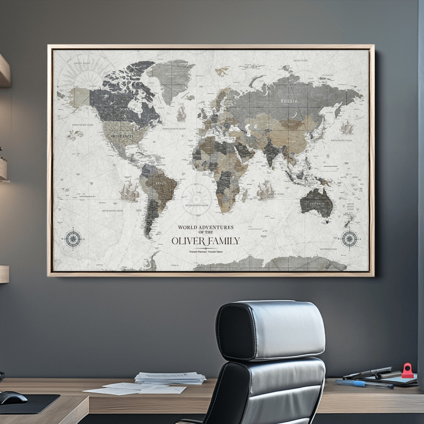 24596128-MGV-CV-36X24-Custom Push Pin World Map Wall Canvas Print – Personalized Travel Tracker with Pins – Framed Large Multi-Size Canvas for Home Office Decor