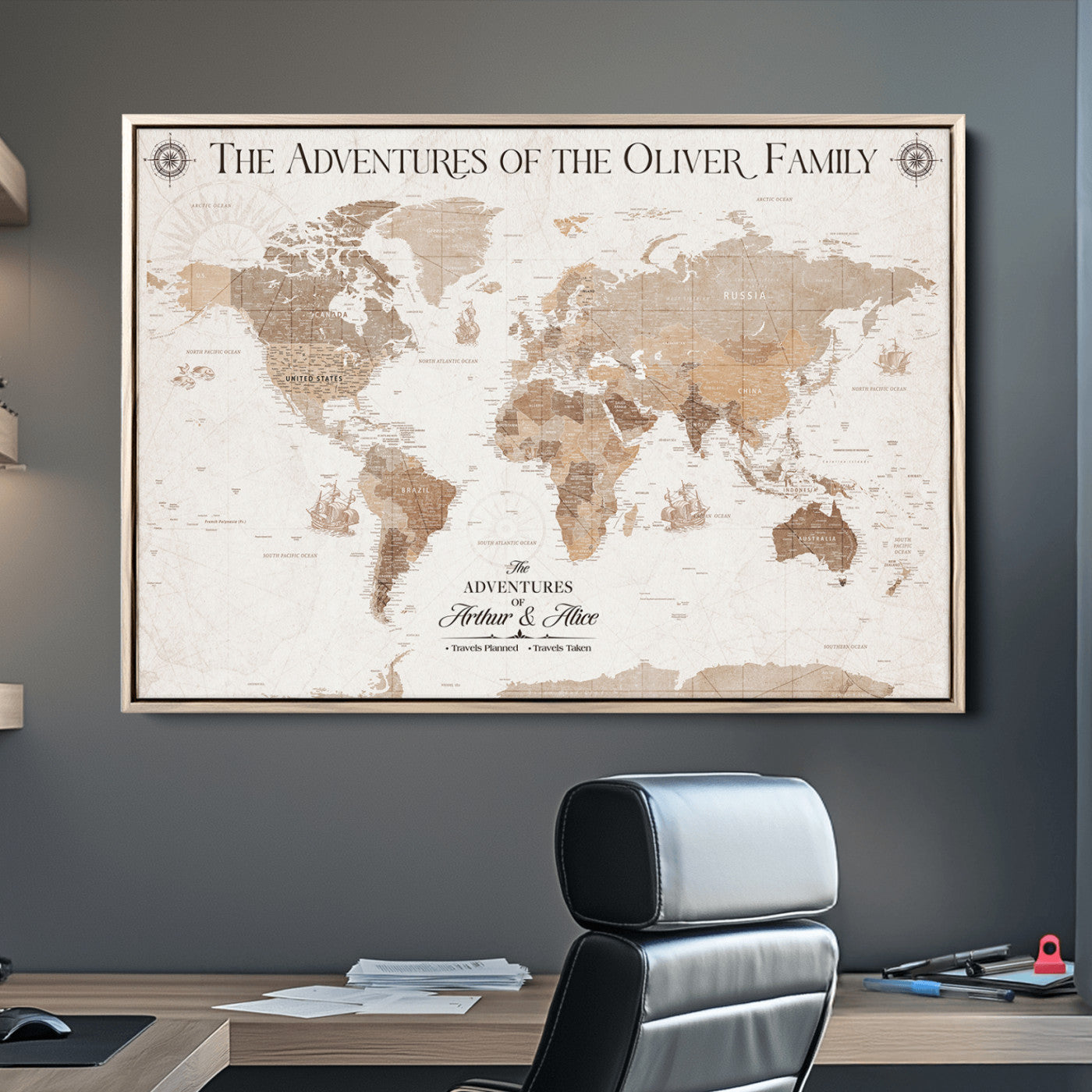 58395047-MGV-CV-36X24-Custom Push Pin World Map Wall Canvas Print – Personalized Travel Tracker with Pins – Framed Large Multi-Size Canvas for Home Office Decor