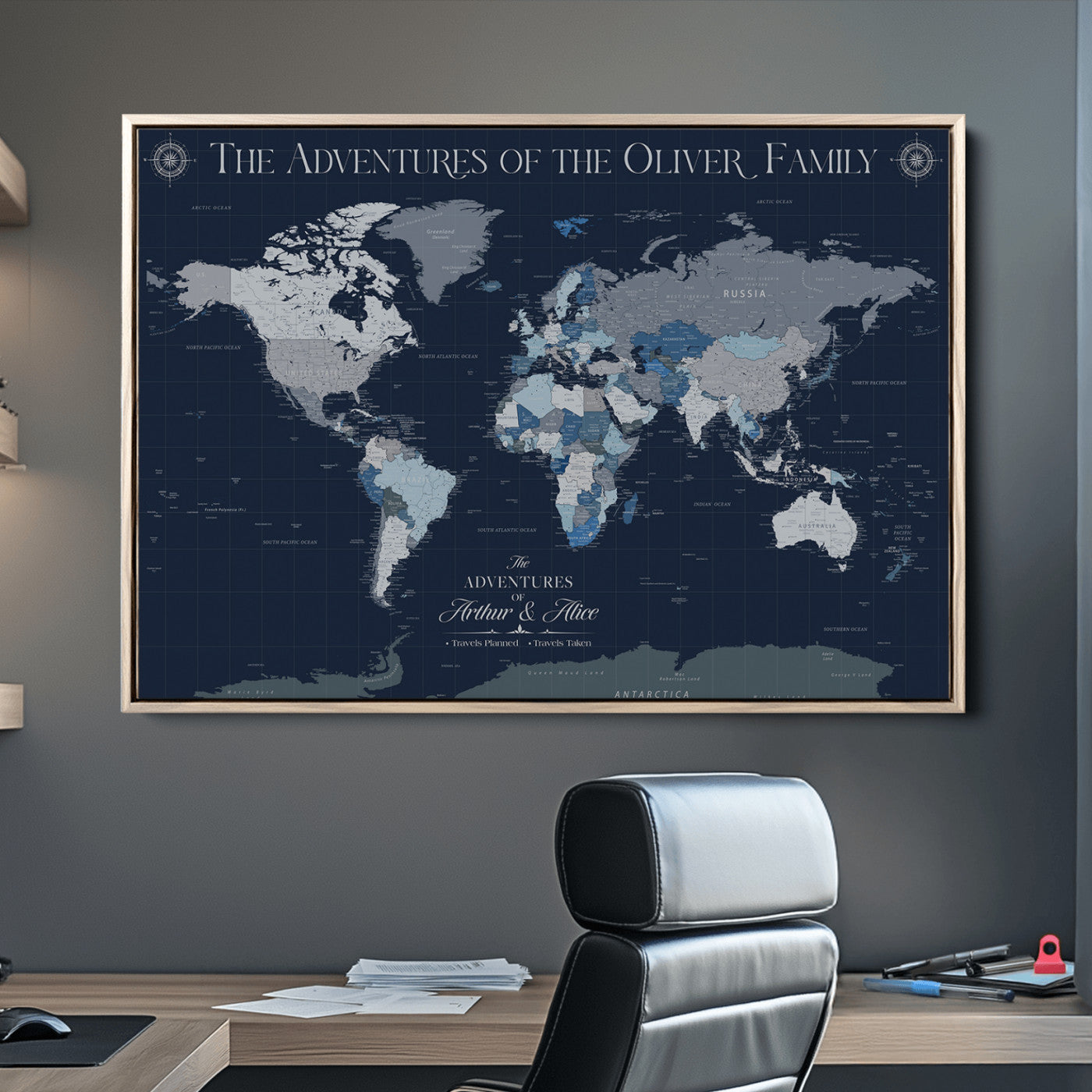 11352707-MGV-CV-36X24-Custom Push Pin World Map Wall Canvas Print – Personalized Travel Tracker with Pins – Framed Large Multi-Size Canvas for Home Office Decor