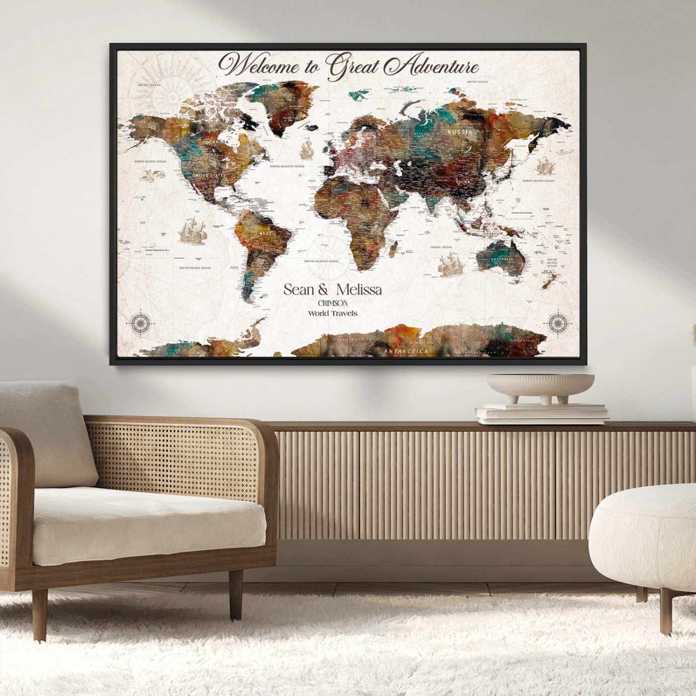 92462592-MGV-CV-36X24-Customize Push Pin World Map Wall Canvas Print – Personalizable Travel World Map with Pins – Framed Personalized Map Print for Couple Gift - H31