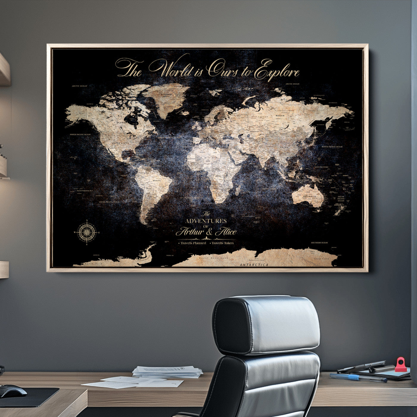 21010471-MGV-CV-36X24-Customize Push Pin World Map Wall Canvas Print, Personalized Travel Tracker with Pins, Framed Large Canvas for Home Office Decor - H37